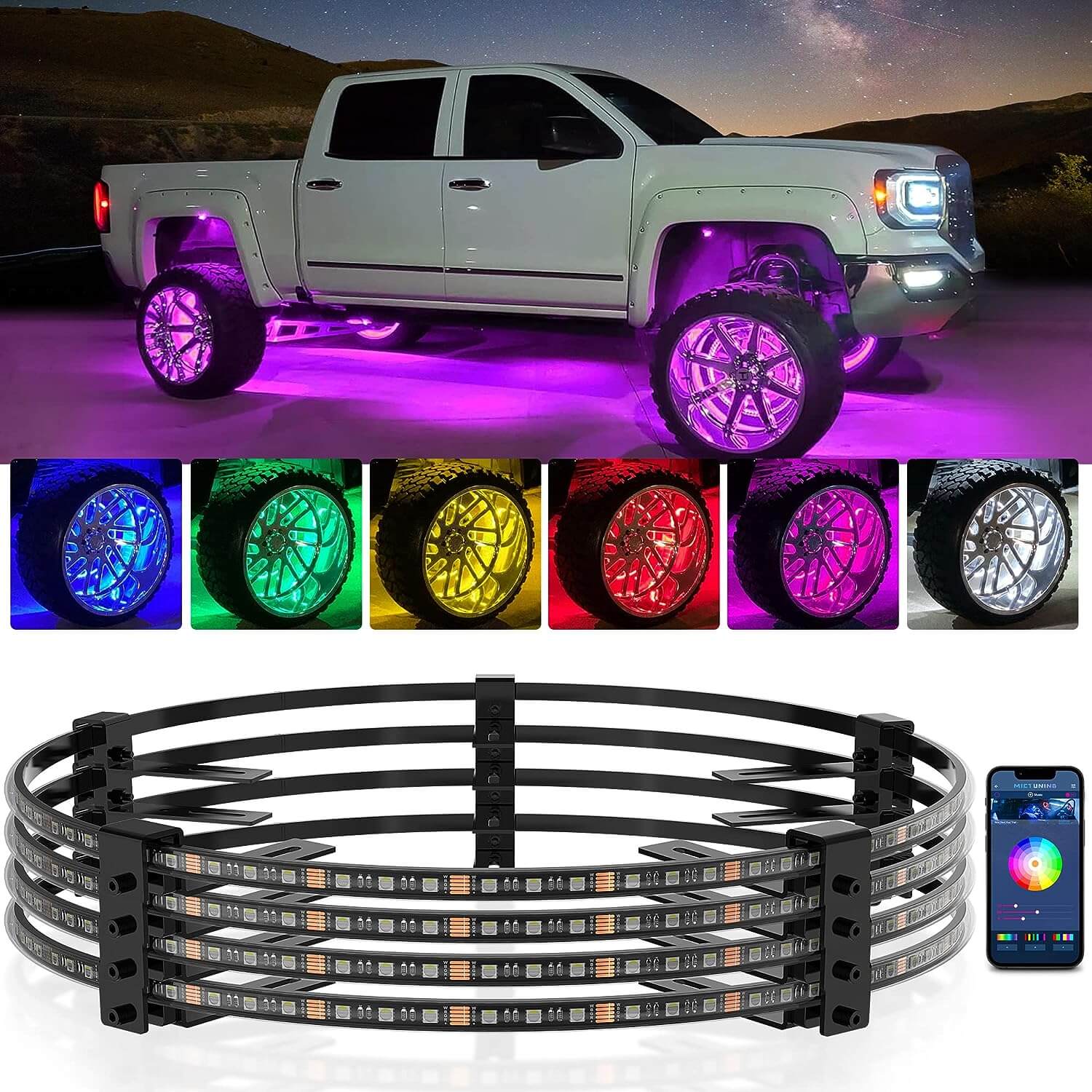 C2 RGBW Rock Lights Kit 8-16 Pods Plus with 15.5″/17.5″ RGBW LED Wheel Ring Lighting Kit