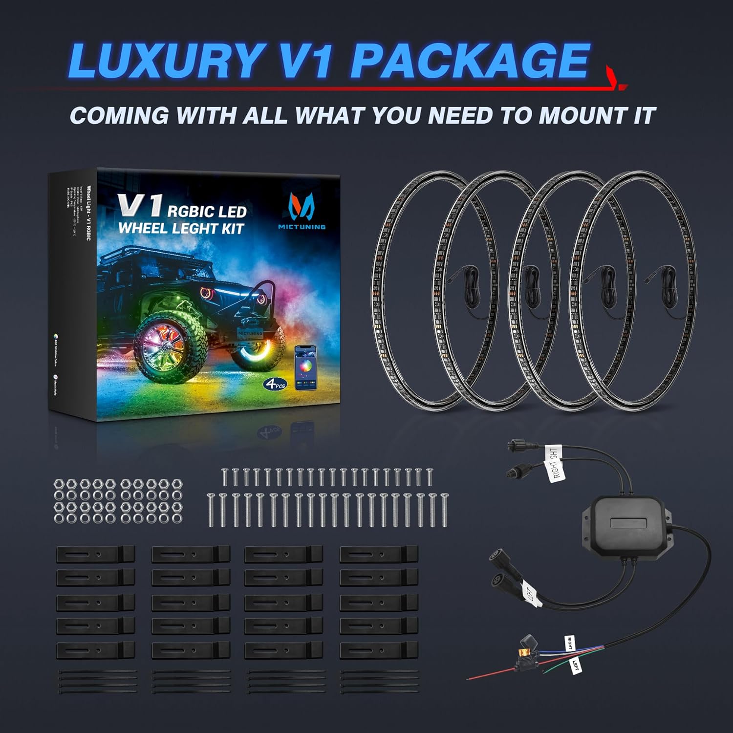 V1 RGB+IC Chasing Color Wheel Ring Lights Kit Bundle with W1 3FT/4FT Whip Lights with Flag 2pcs