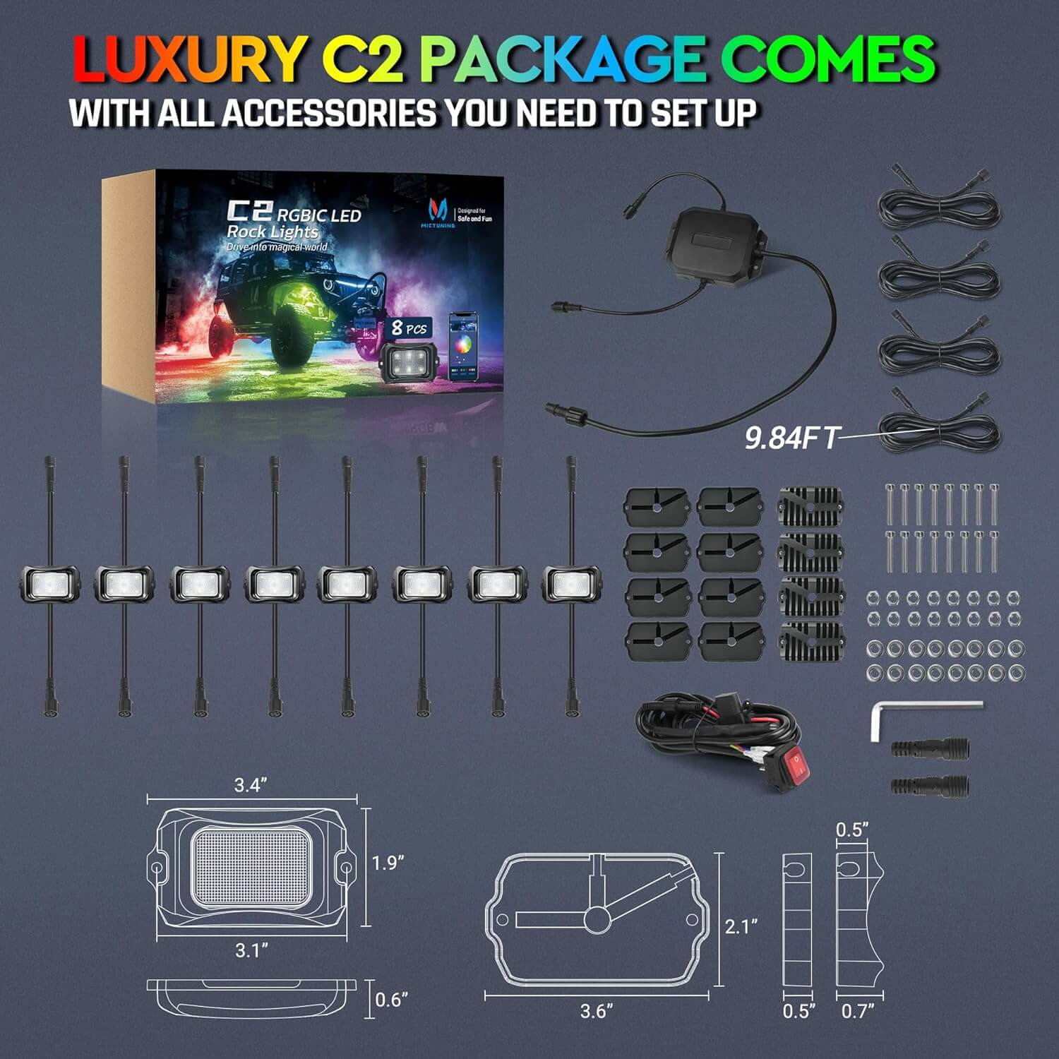 N8 RGB+IC LED Car Underglow Light Kit Bundle with C2 RGB+IC LED Rock Lights Kit 8-16 Pods