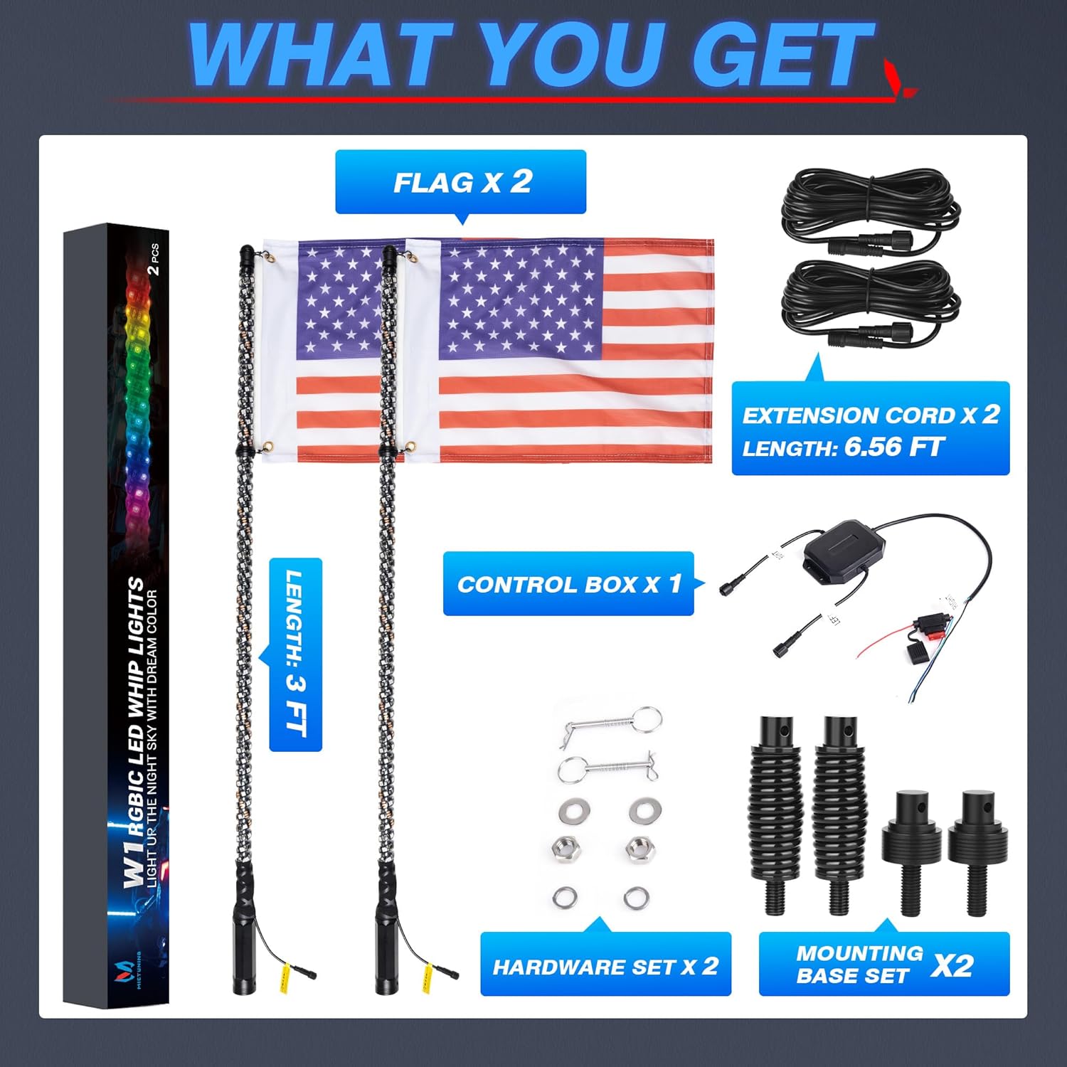 P1s Bluetooth RGB Switch Panel Bundle with W1 3FT/4FT Whip Lights with Flag 2pcs