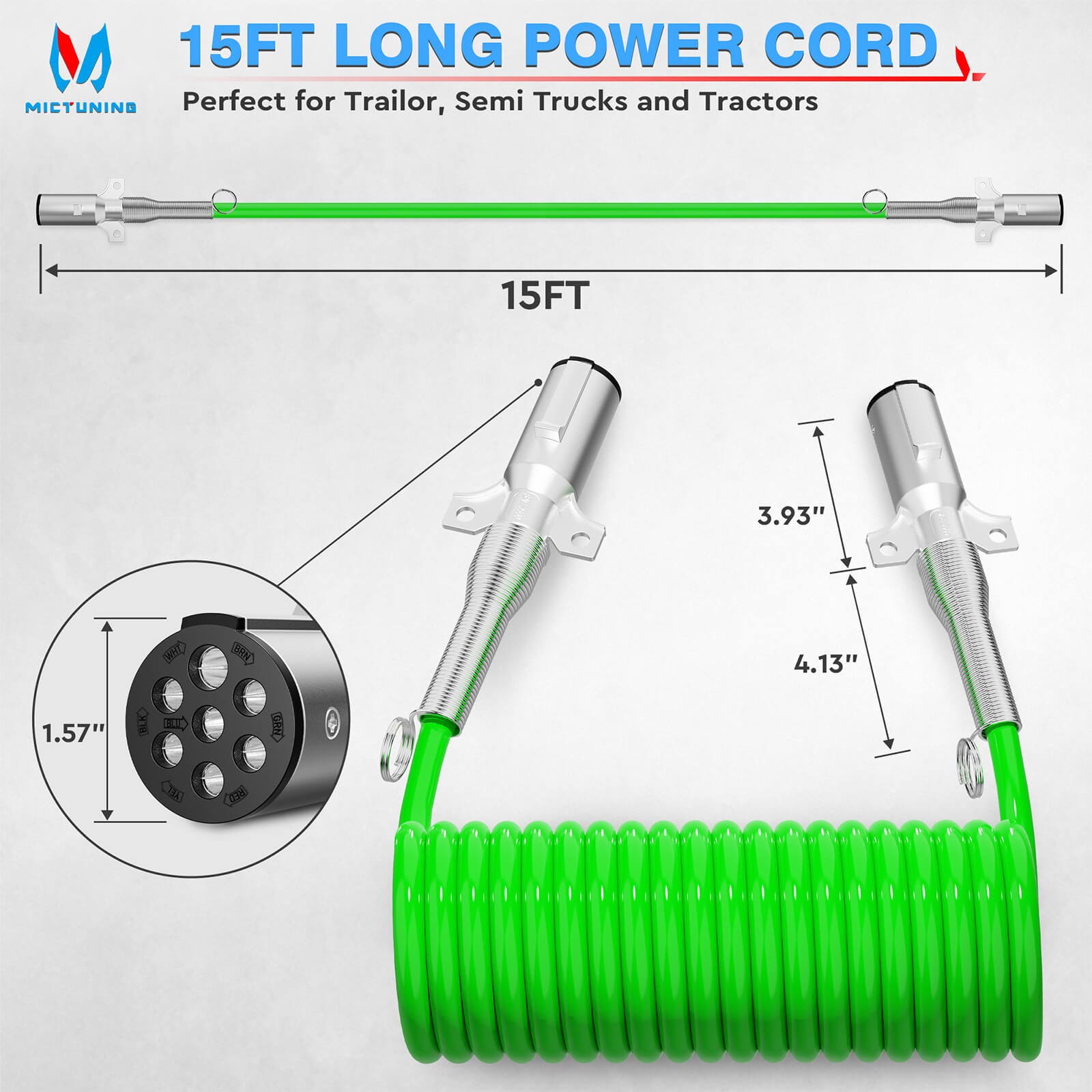 7 Way Coiled Trailer Cord 15FT Green ABS Electrical Power Cable Heavy-Duty SAE J560 7-Pin Plug Wire for Semi Trucks Tractors