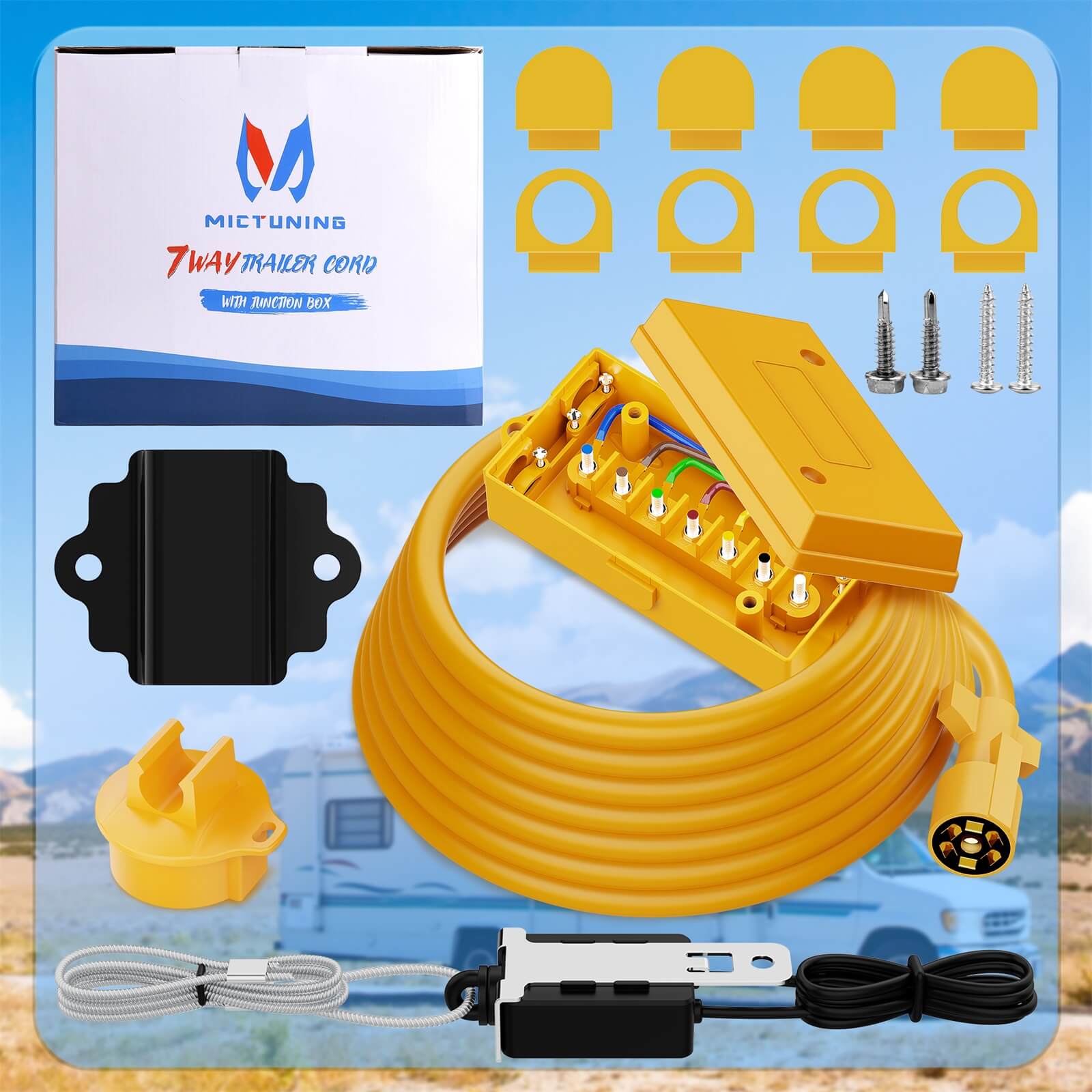 8/12 FT Heavy Duty 7 Way Trailer Cord Plug Connector with Yellow Cover 7 Gang Junction Box, Weatherproof