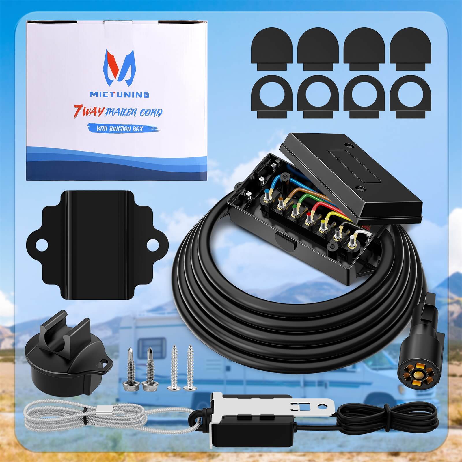 8 FT Black Heavy Duty 7 Way Plug Inline Trailer Cord with 7 Gang Junction Box,12V Breakaway Switch and Plug Holder