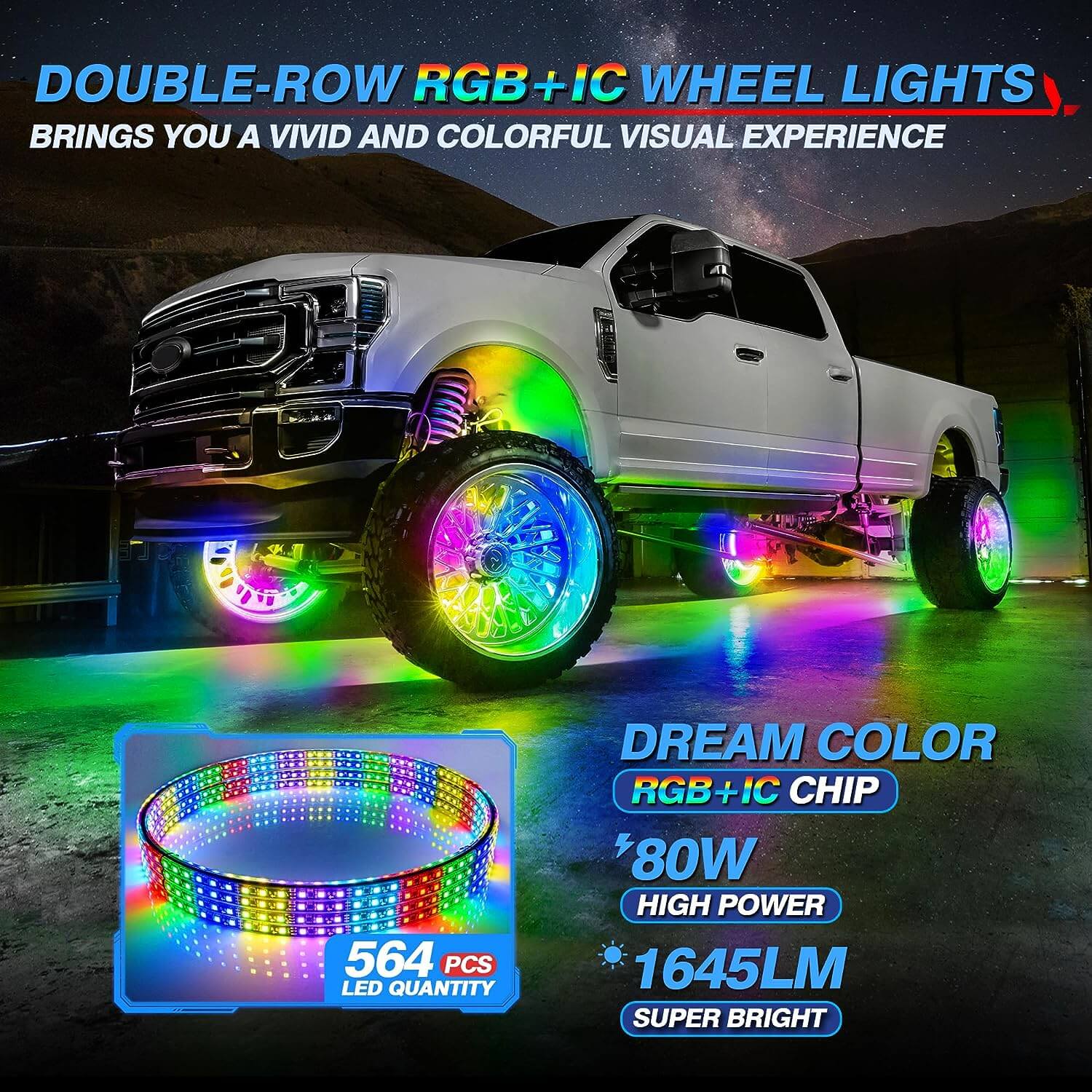 Three-Piece RGB+IC Collection, C2 RGB+IC Rock Lights 8 Pods, 4ft W1 Whip Lights Kit with Chasing Color Wheel Ring Lights