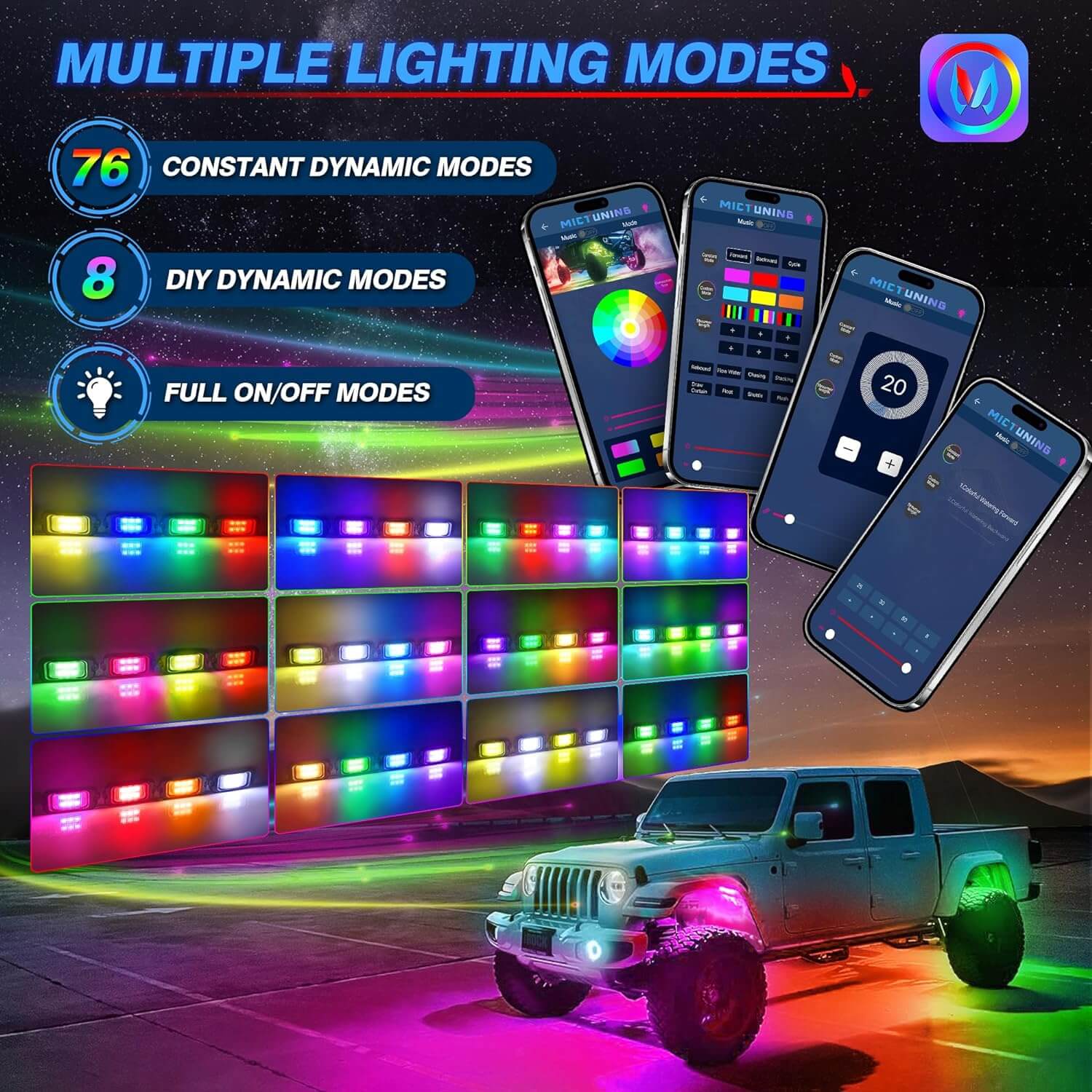 C2 RGB+IC Chasing Color LED Rock Lights Kit Bundle W1 3FT/4FT Spiral LED Whip Lights Kit