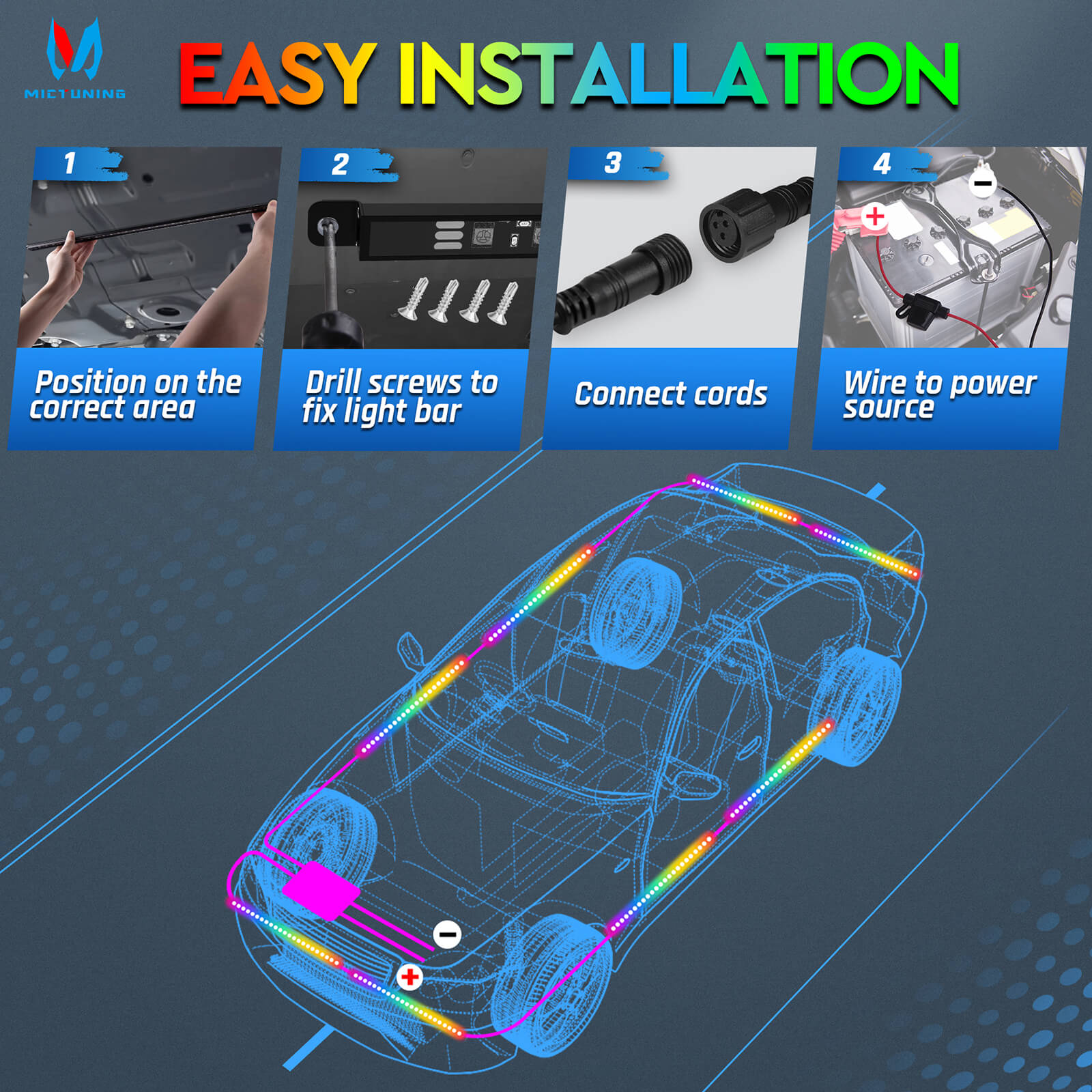 N8 Aluminum LED Car Underglow Light Kit, Exterior Underbody Multicolor Light Strip 8PCS（RGBW/RGB+IC）