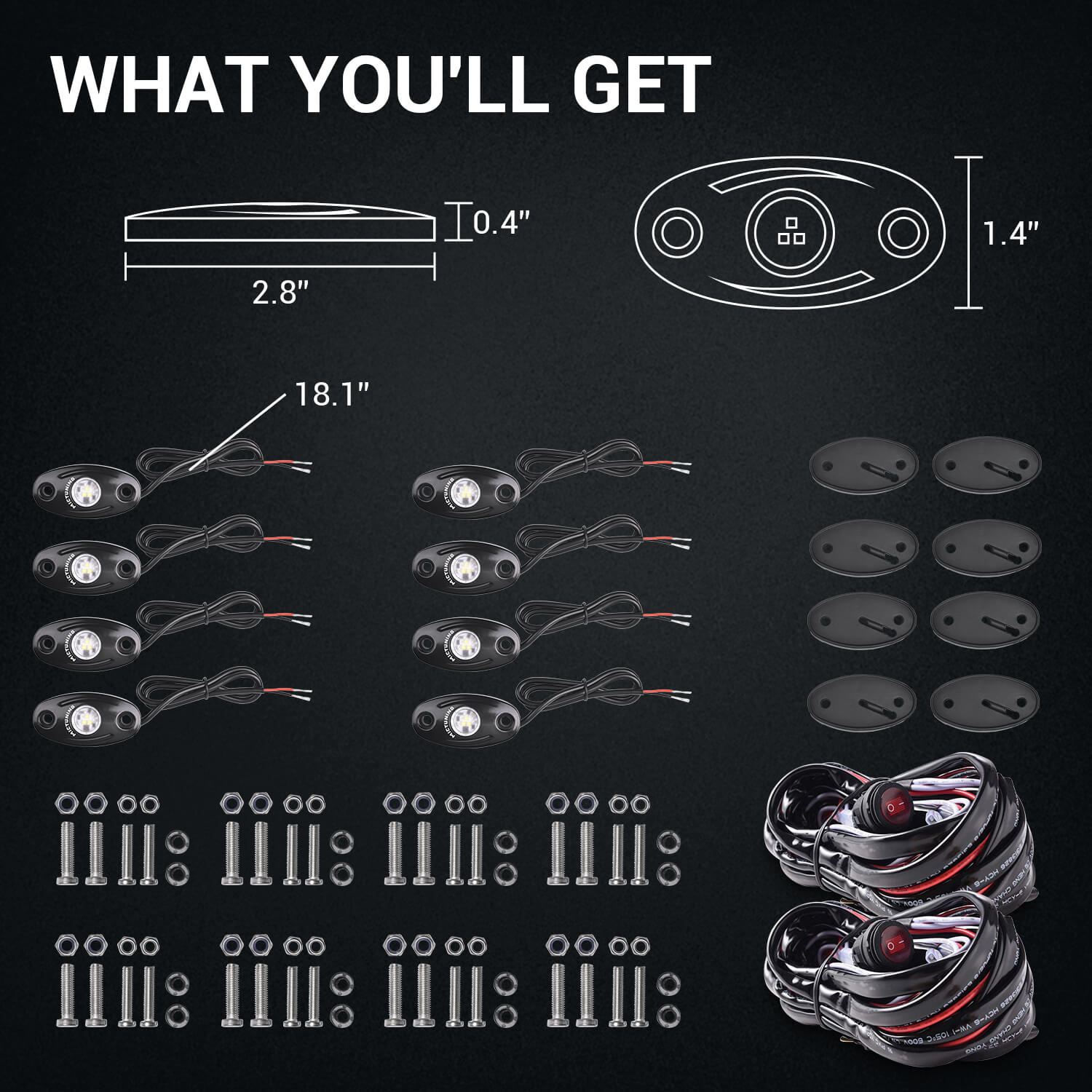 White LED Rock Lights with Wiring Harness 4-8 Pods, Waterproof Underglow Underbody Light Kit