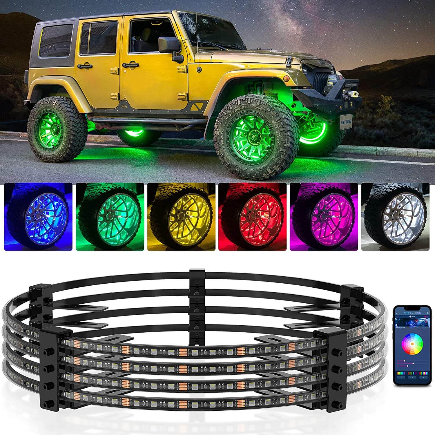 C1 8 Pods RGBW LED Rock Lights with 15.5" RGBW LED Wheel Ring Lights Kit