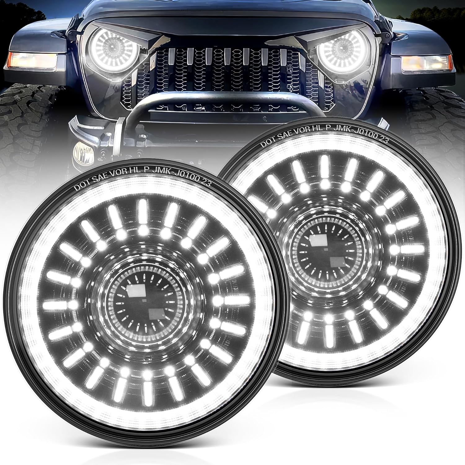 J1 New 7-inch LED Headlights with Blue Welcome Halo, DOT Approved Anti-Glare, Round H6024 Assembly