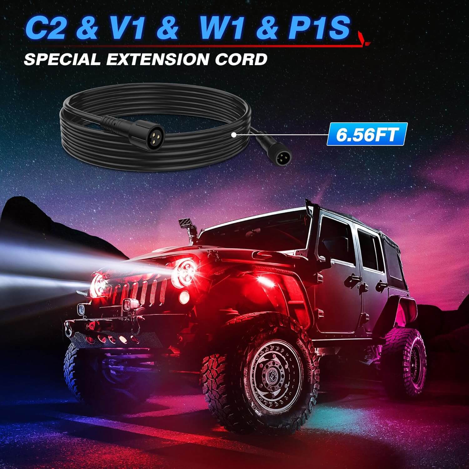 C2 RGB+IC LED Rock Lights Kit with 1pcs 6.56ft Extension Cable