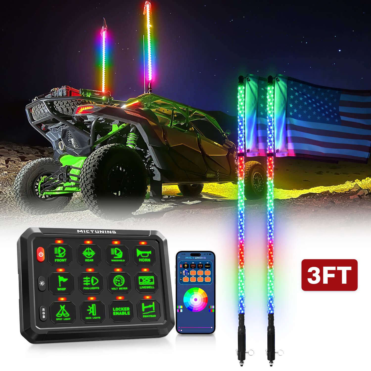 P1s Bluetooth RGB Switch Panel Bundle with W1 3FT/4FT Whip Lights with Flag 2pcs