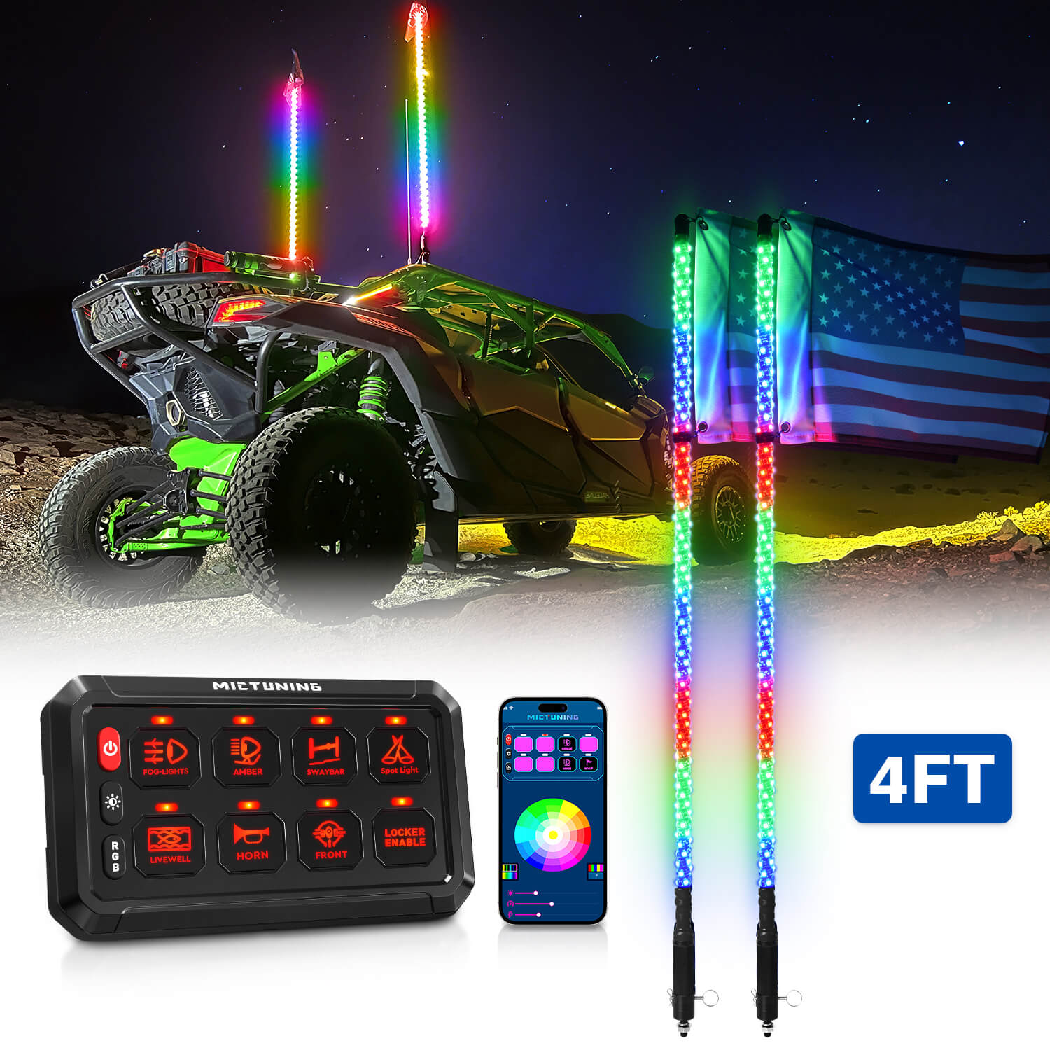 P1s Bluetooth RGB Switch Panel Bundle with W1 3FT/4FT Whip Lights with Flag 2pcs