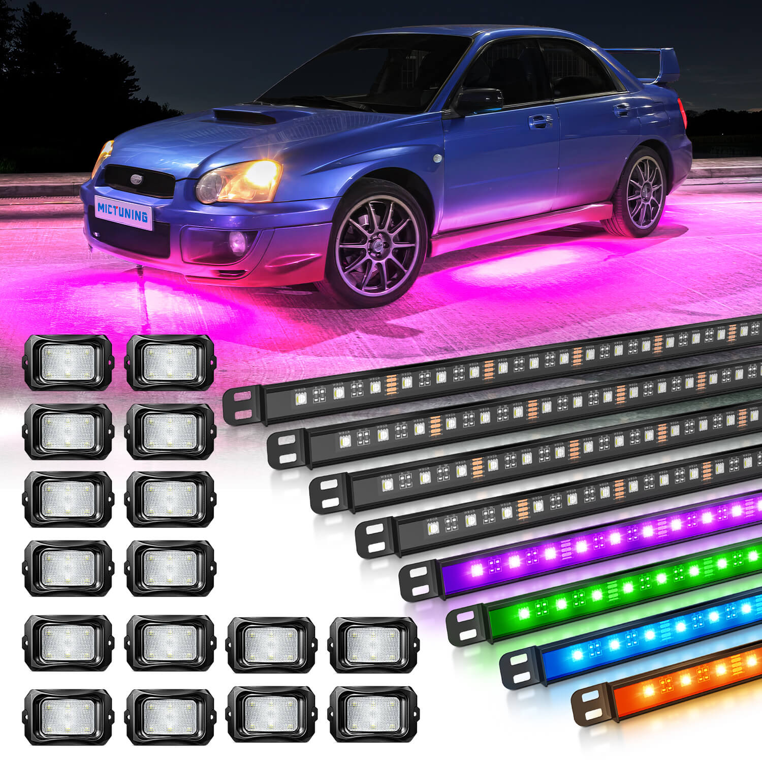 N8 RGBW LED Car Underglow Light Kit Bundle with C2 RGBW LED Rock Lights