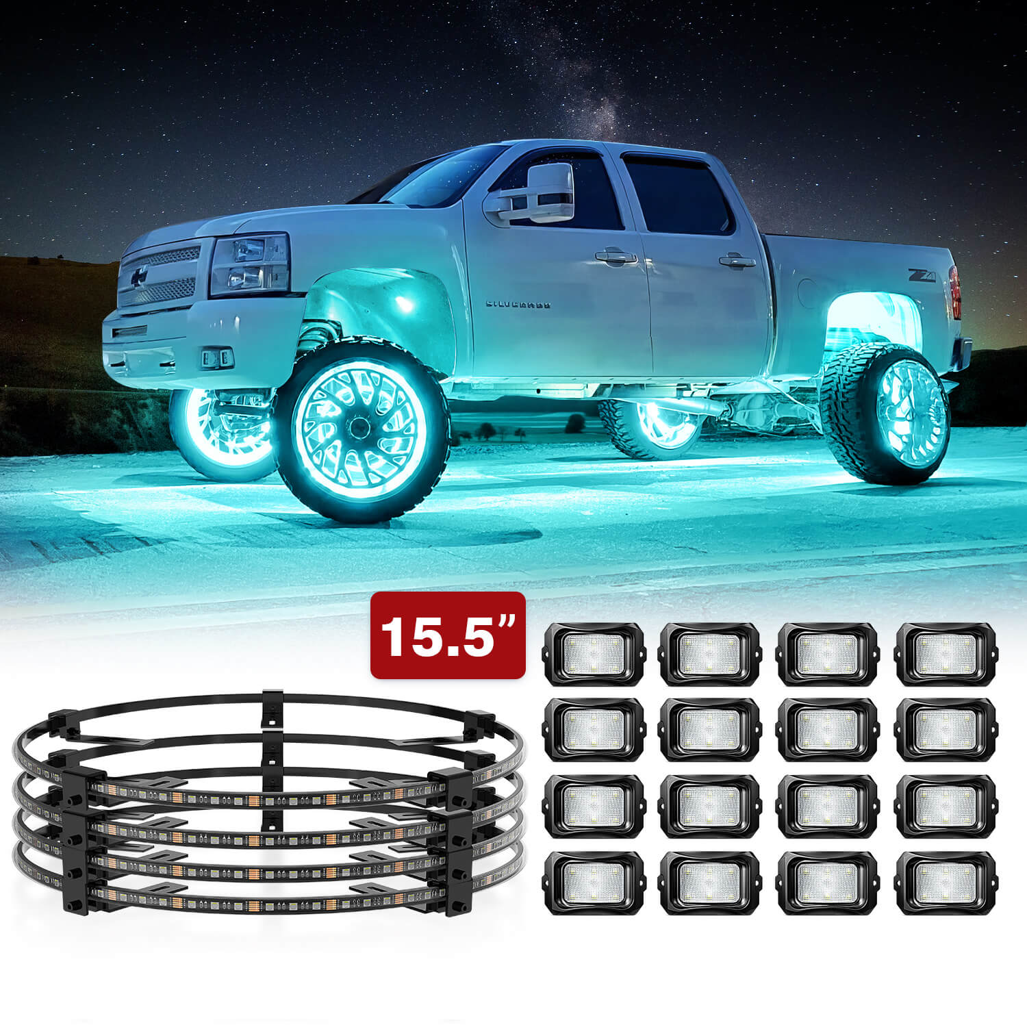 C2 RGBW Rock Lights Kit 8-16 Pods Plus with 15.5″/17.5″ RGBW LED Wheel Ring Lighting Kit