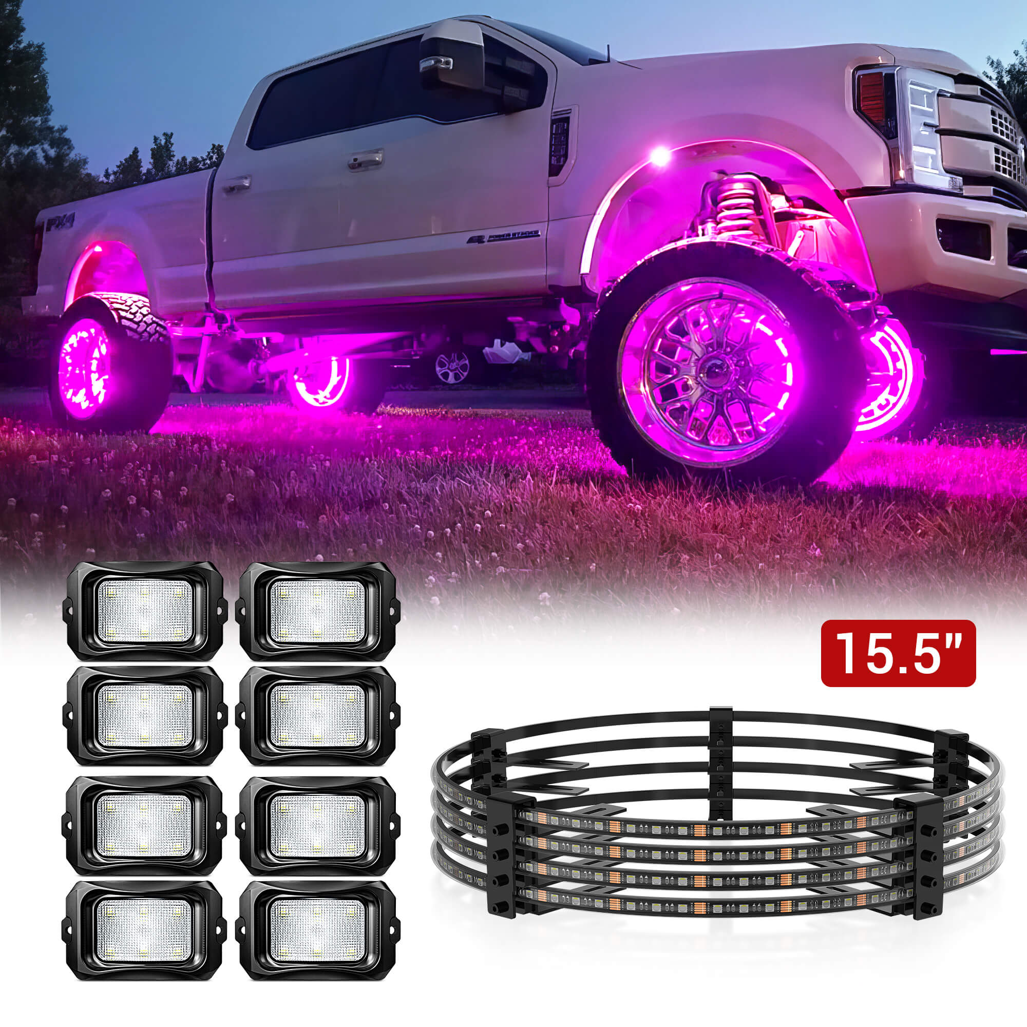 C2 RGBW Rock Lights Kit 8-16 Pods Plus with 15.5″/17.5″ RGBW LED Wheel Ring Lighting Kit