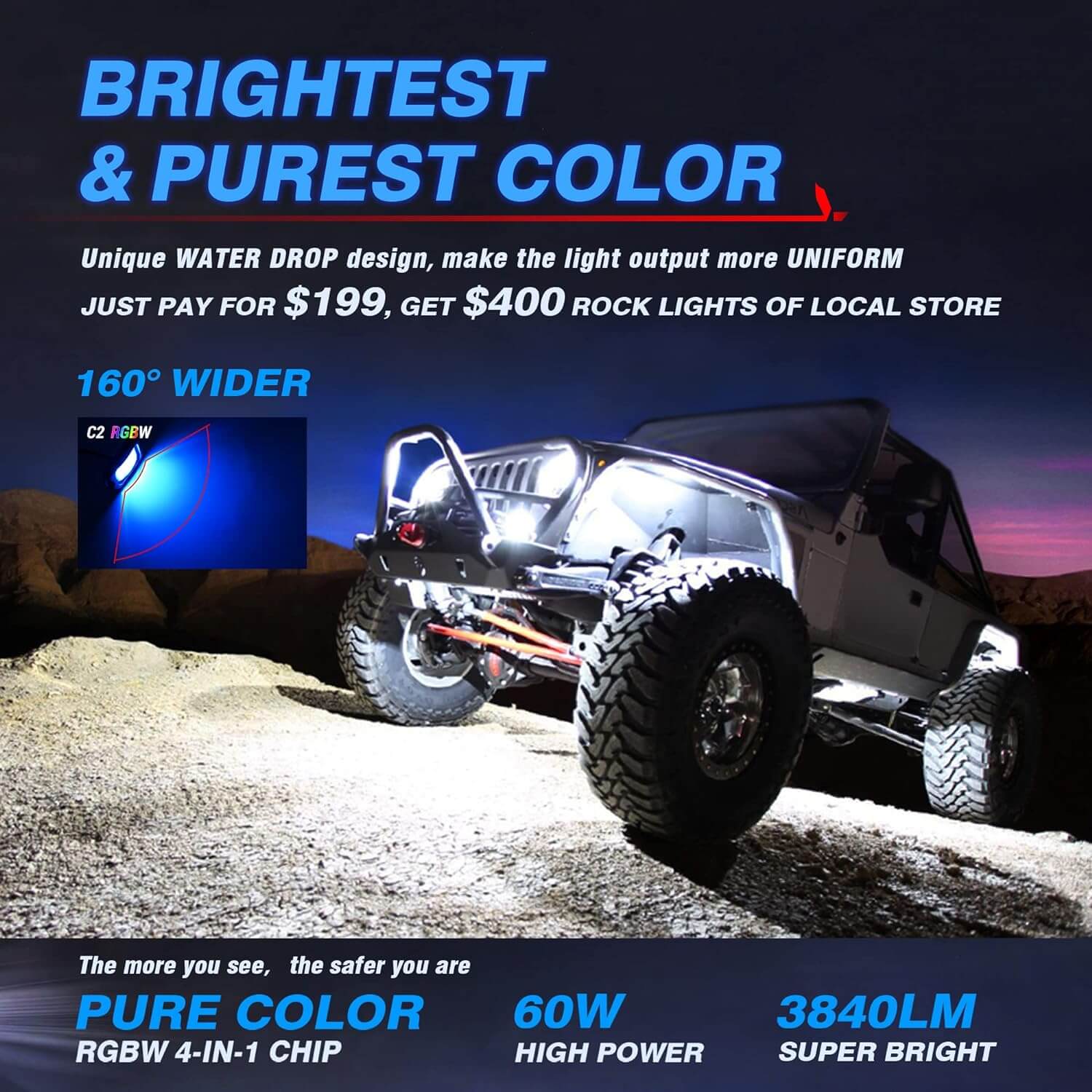 N8 RGBW LED Car Underglow Light Kit Bundle with C2 RGBW LED Rock Lights