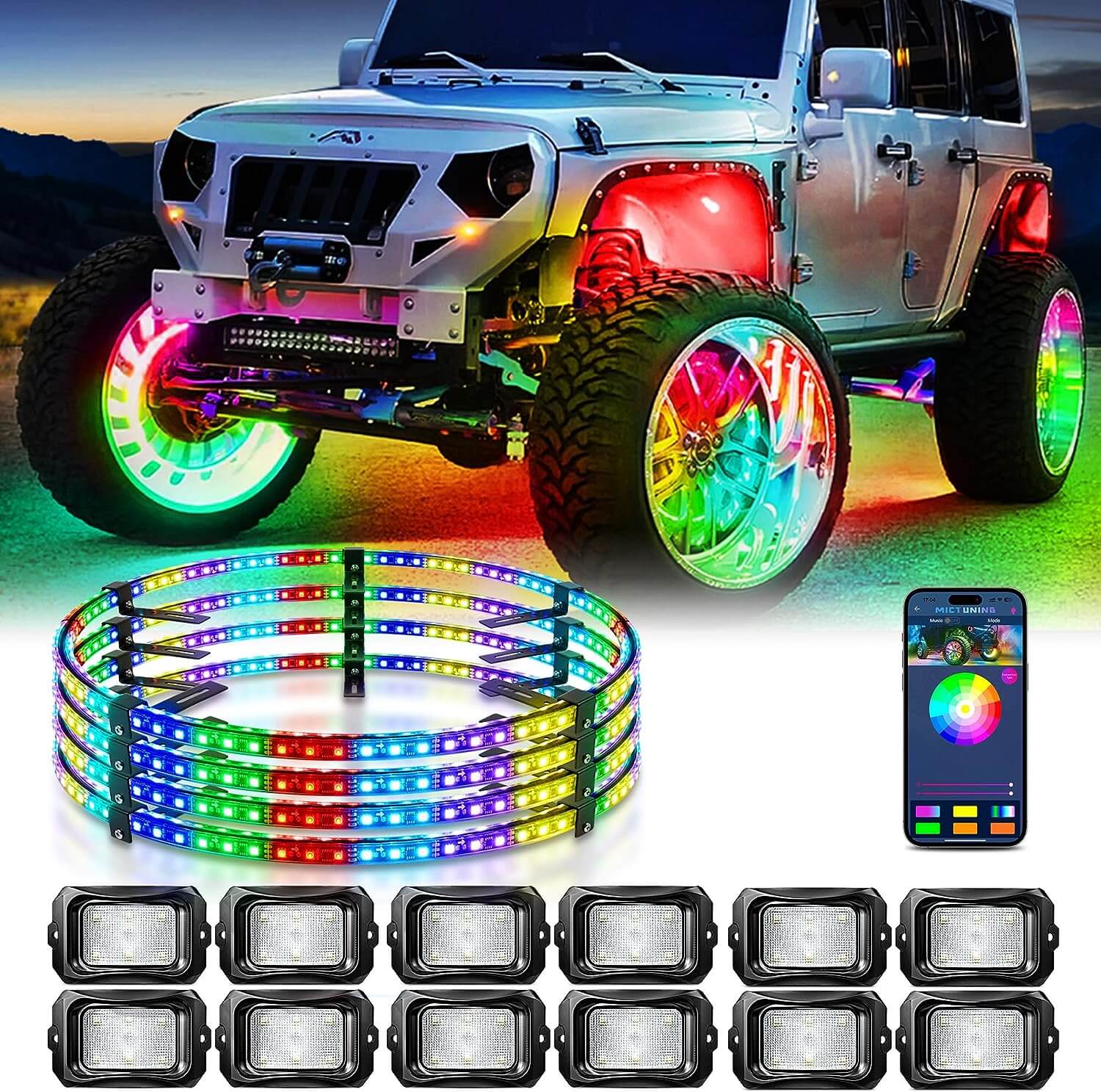 C2 RGB+IC LED Rock Lights Kit Bundle with 15.5″/17″ V1 RGB+IC Wheel Ring Lights Kit