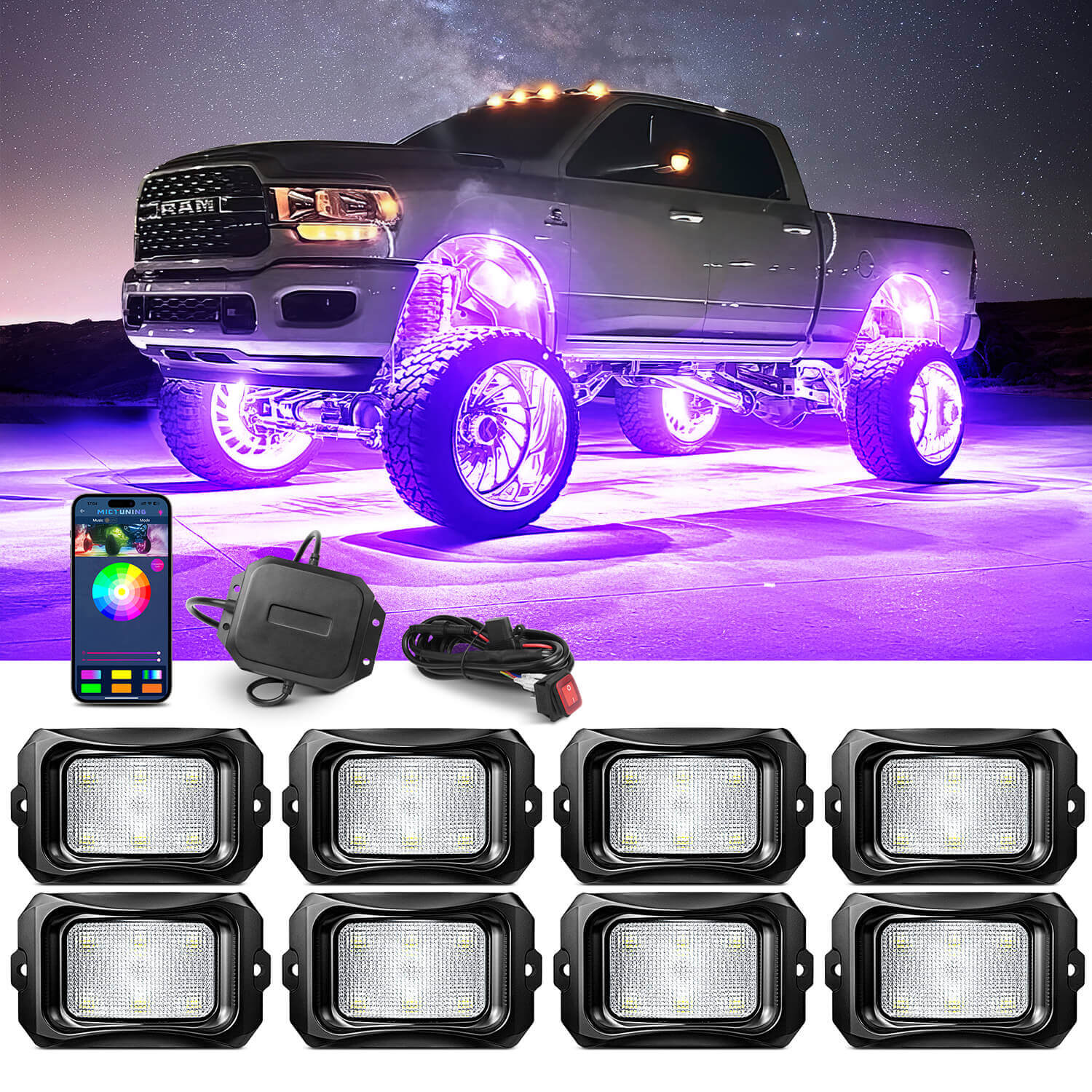 C2 RGBW Rock Lights Kit 8-16 Pods Plus with 15.5″/17.5″ RGBW LED Wheel Ring Lighting Kit