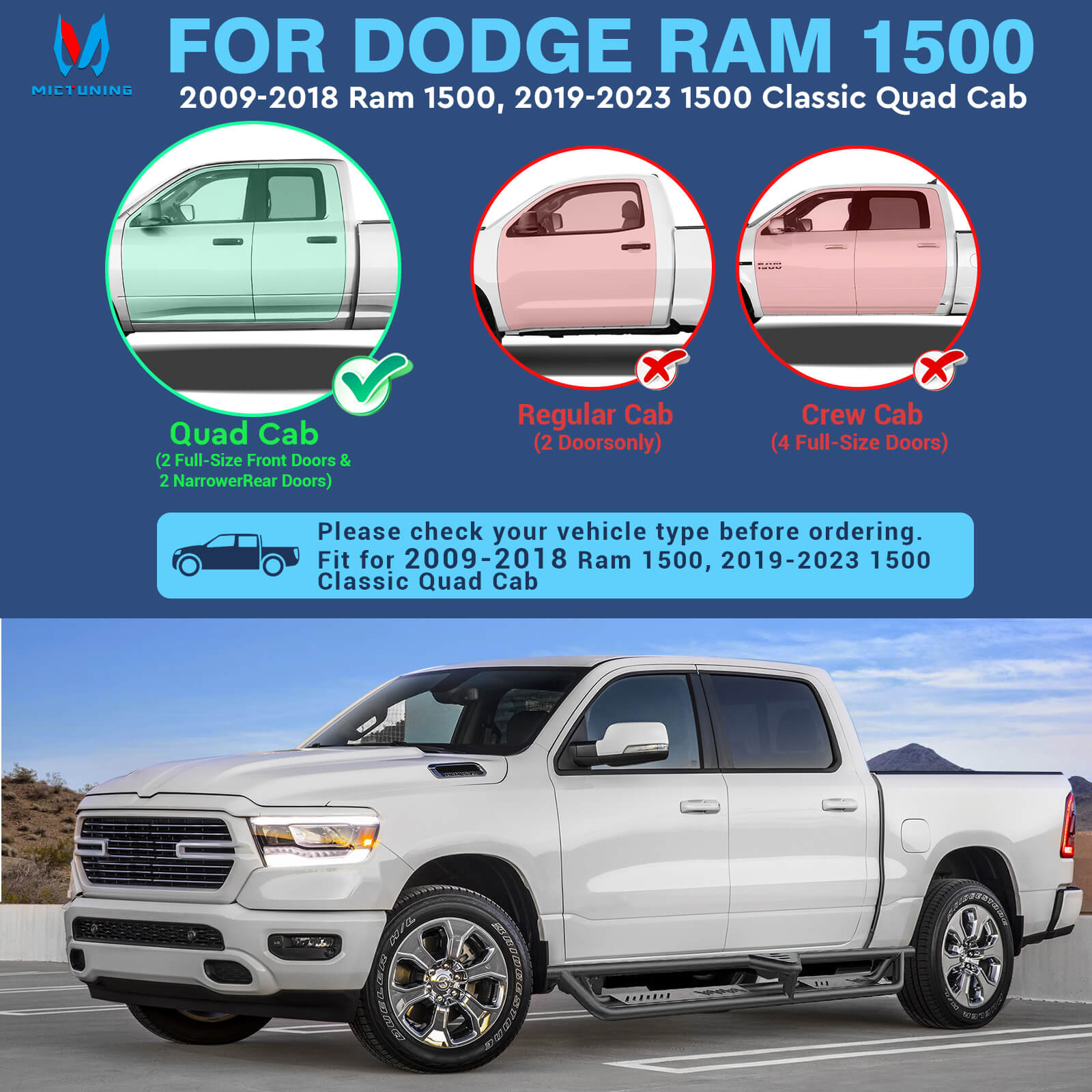 2009-2018 Dodge RAM 1500, 2019-2023 1500 Classic Quad Cab Side Running Boards, Heavy-Duty Side Steps