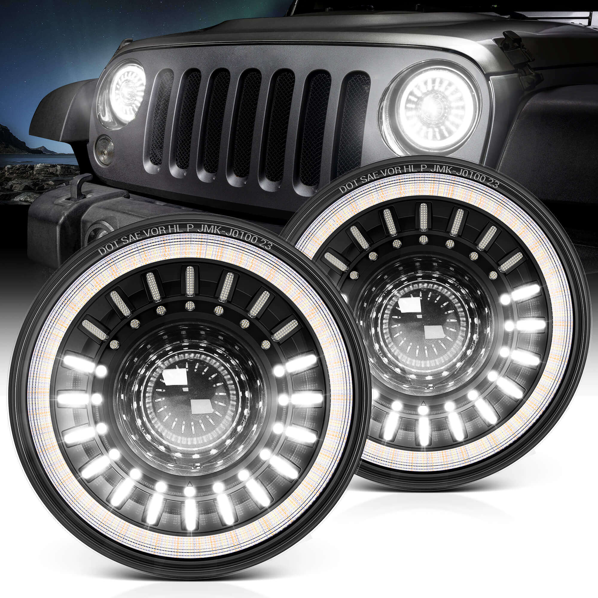 J1 Anti-glare 1000% Brighter 7″ Round Led Headlights with Start-up Gradient Welcome Halo, Motorcycle Headlights, 1 pcs/2 pcs