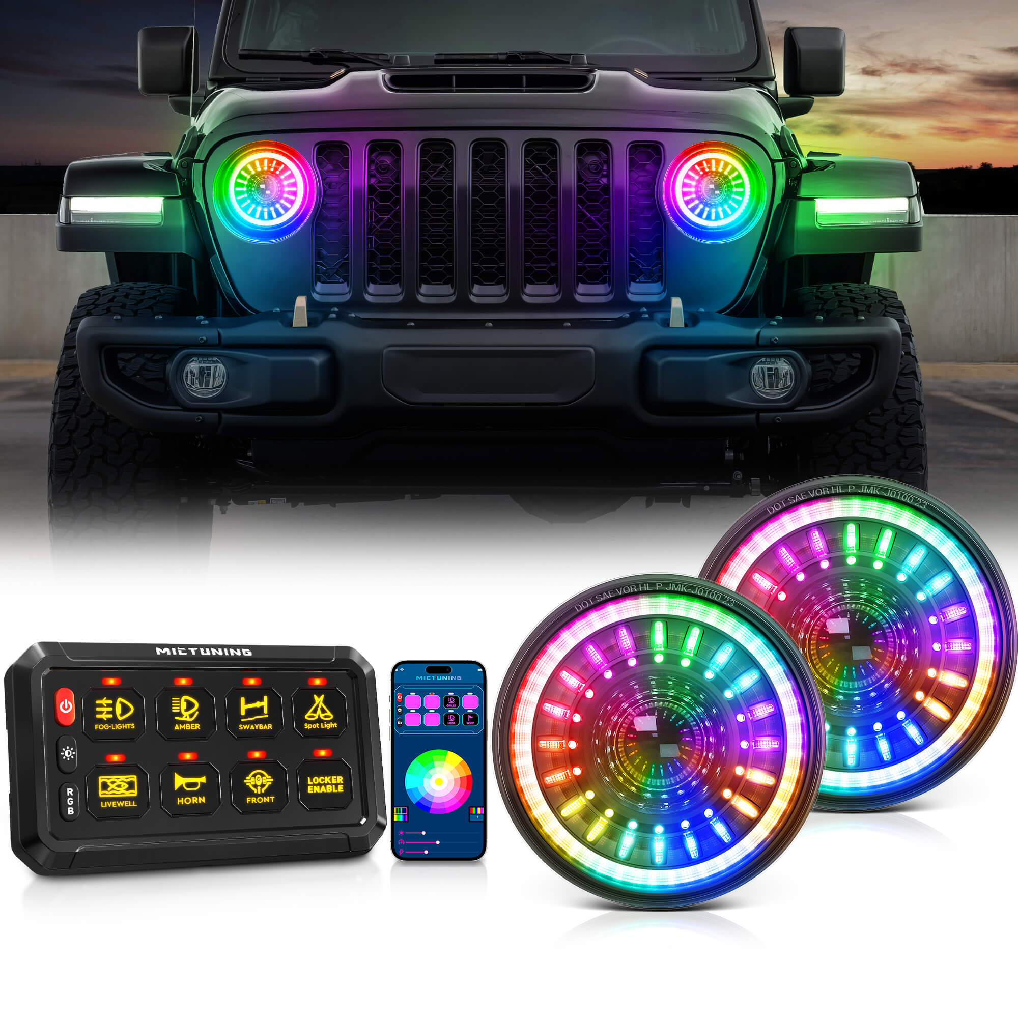 J1 RGB+IC 7″ Anti-glare LED Headlights 2pcs Bundle with P1s Bluetooth RGB Switch Panel