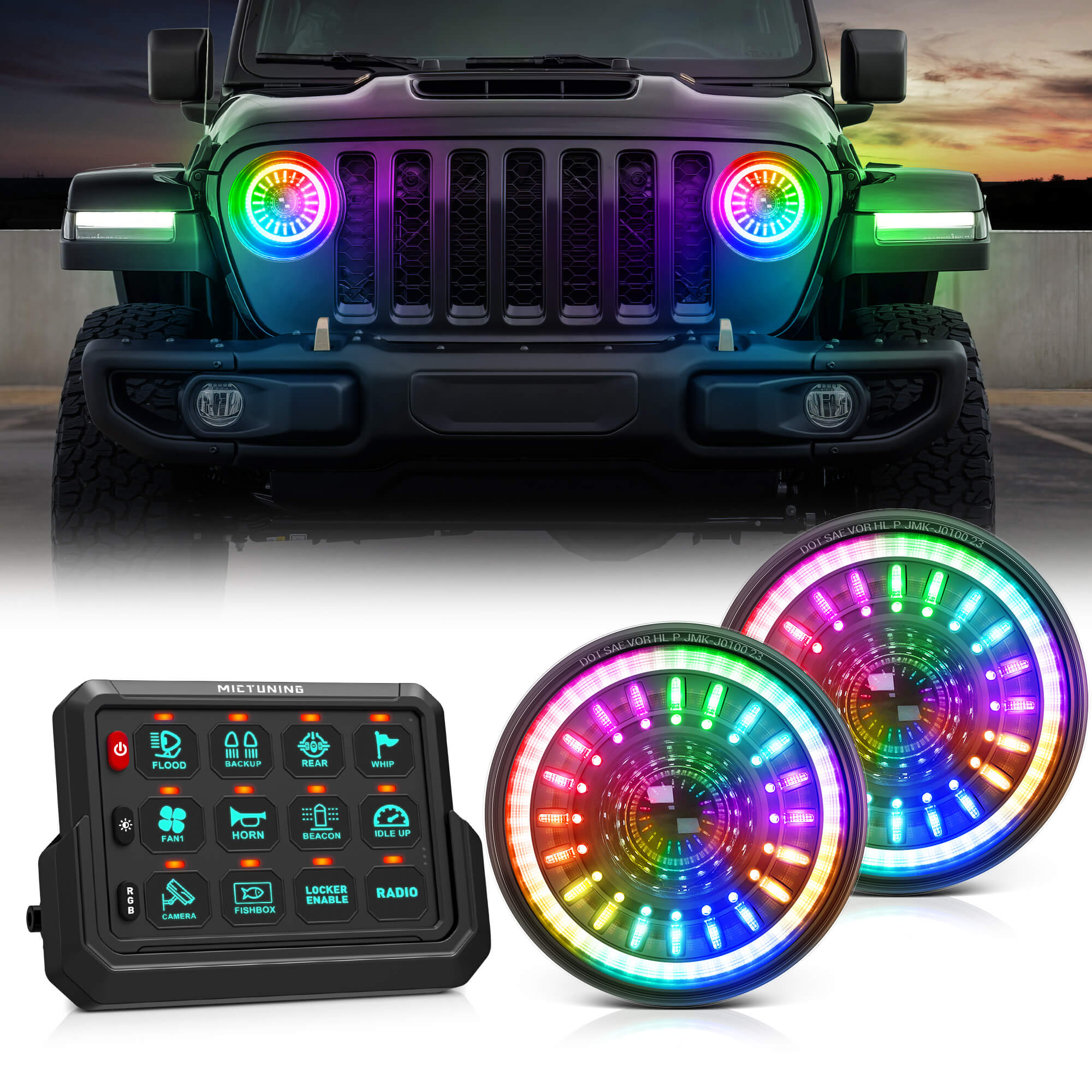 J1 RGB+IC 7″ Anti-glare LED Headlights 2pcs Bundle with Wireless Switch Panel 8/12 Gang