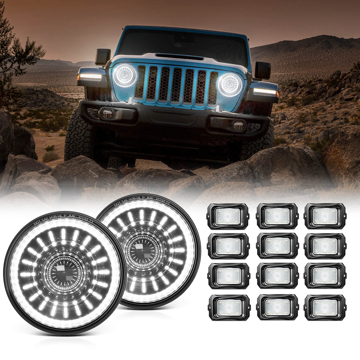 J1 7″ Round Led Headlights Bundle with C2 RGBW LED Rock Lights Kit 8-16 Pods