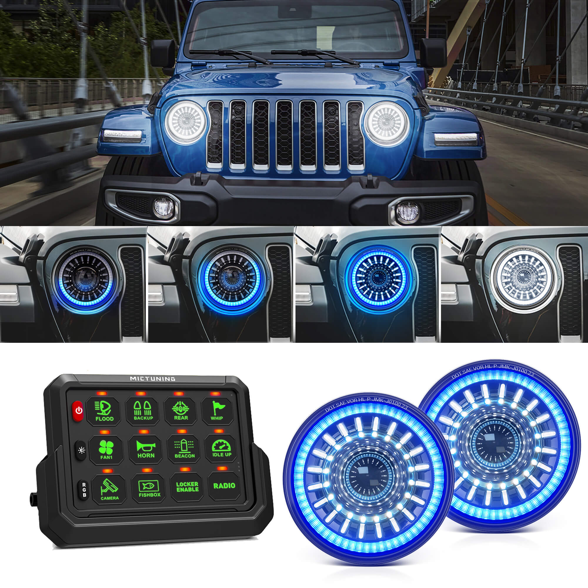 J1 7″ LED Headlights with Blue Welcome Halo Bundle with Wireless Removable RGB Switch Panel P1s-AC