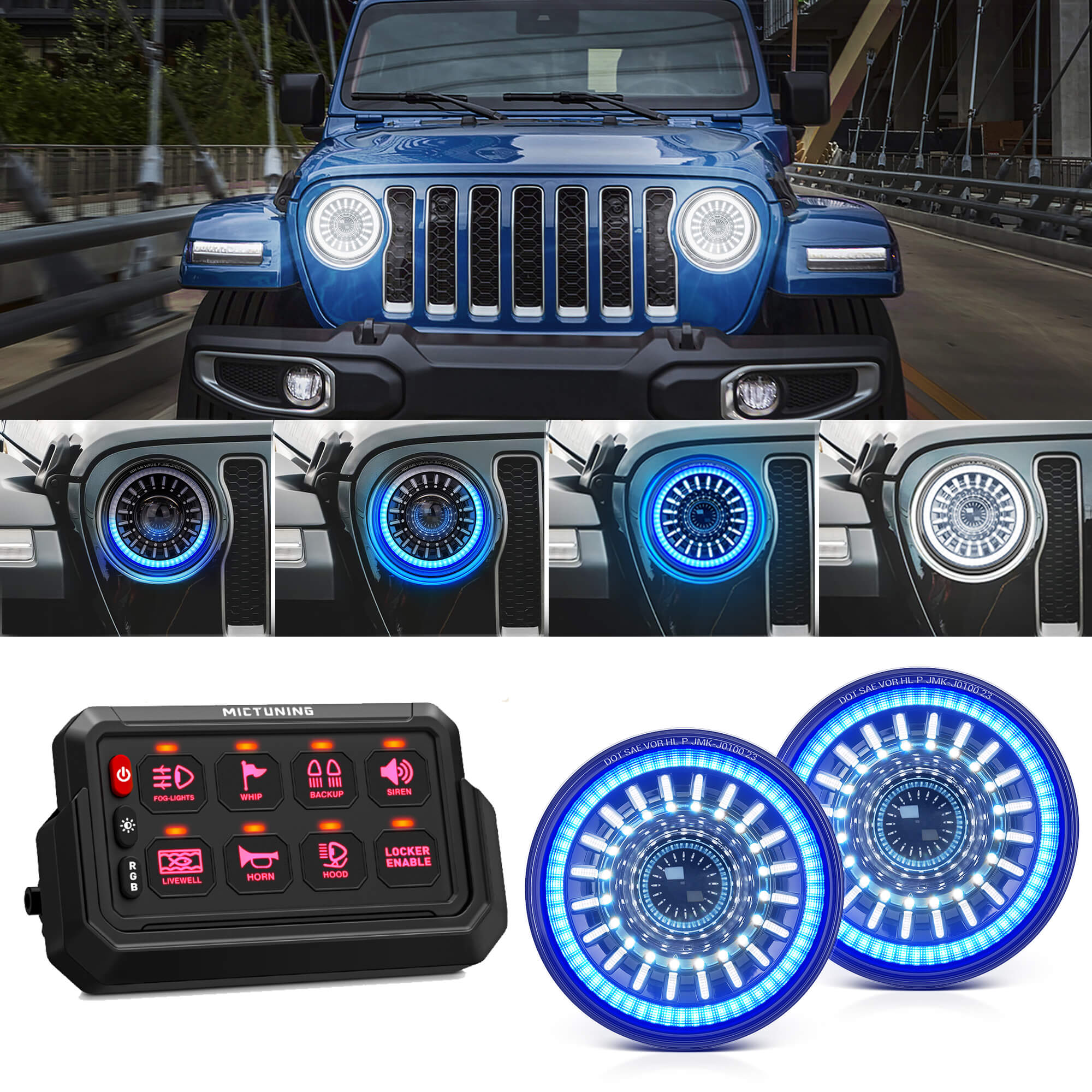 J1 7″ LED Headlights with Blue Welcome Halo Bundle with Wireless Removable RGB Switch Panel P1s-AC