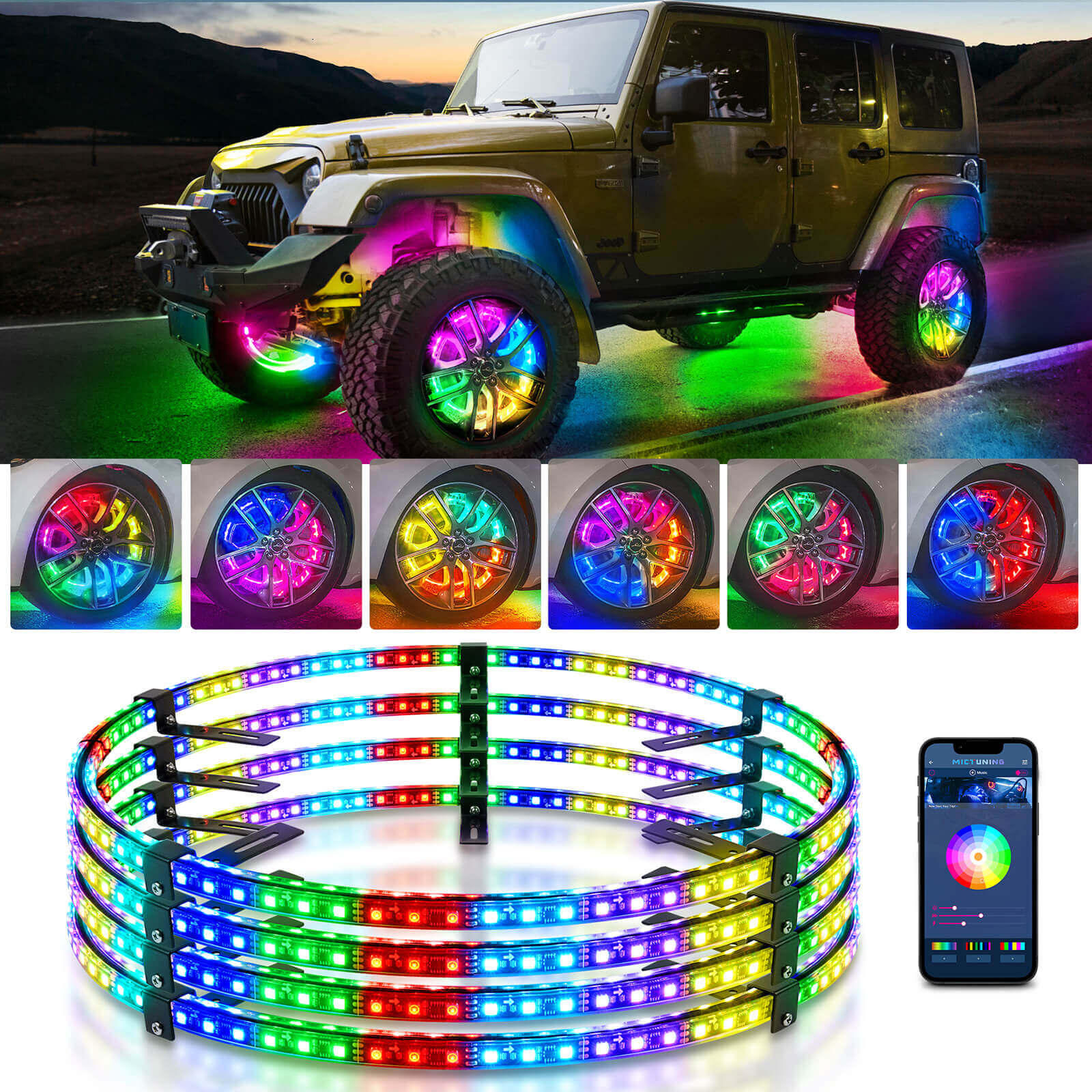 15.5″/17″ V1 RGB+IC Chasing Color Wheel Ring Lights Kit with APP Control, Double-Row Neon Wheel Rim Lights