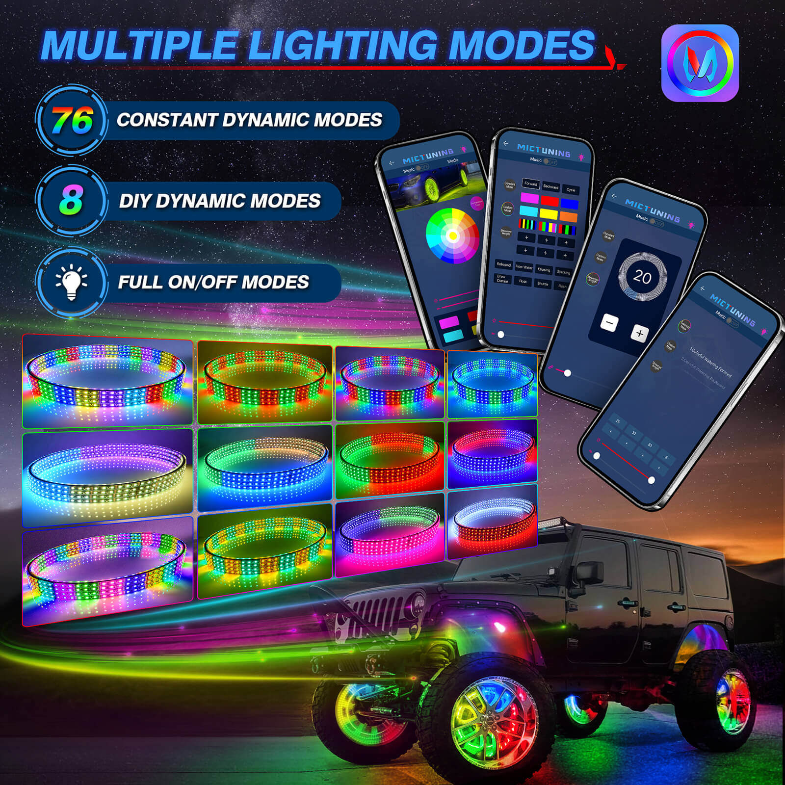 C2 RGB+IC LED Rock Lights Kit Bundle with 15.5″/17″ V1 RGB+IC Wheel Ring Lights Kit