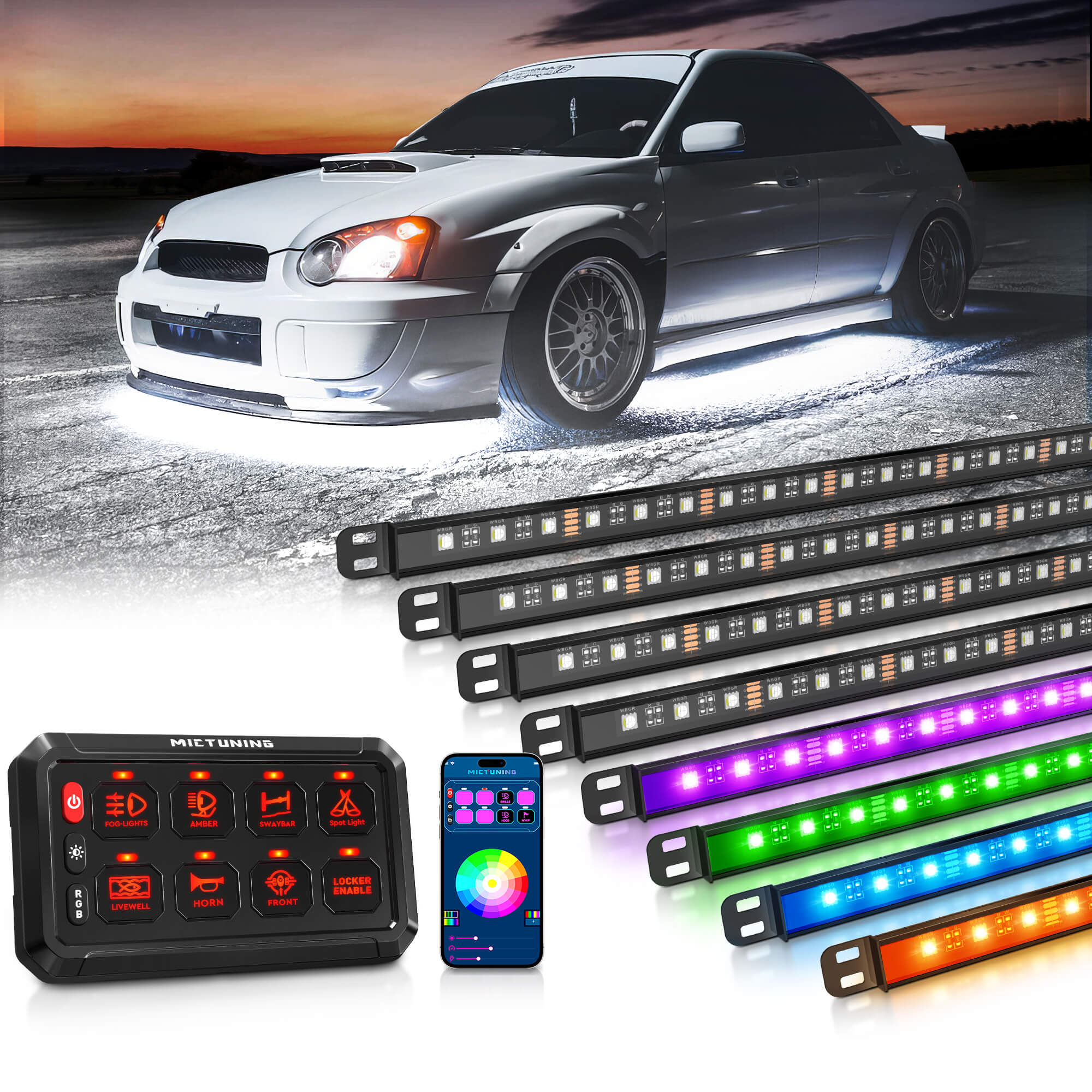 N8 RGBW/RGB+IC Car Underglow Light Kit Bundle with Bluetooth 8/12 Gang RGB Switch Panel P1s