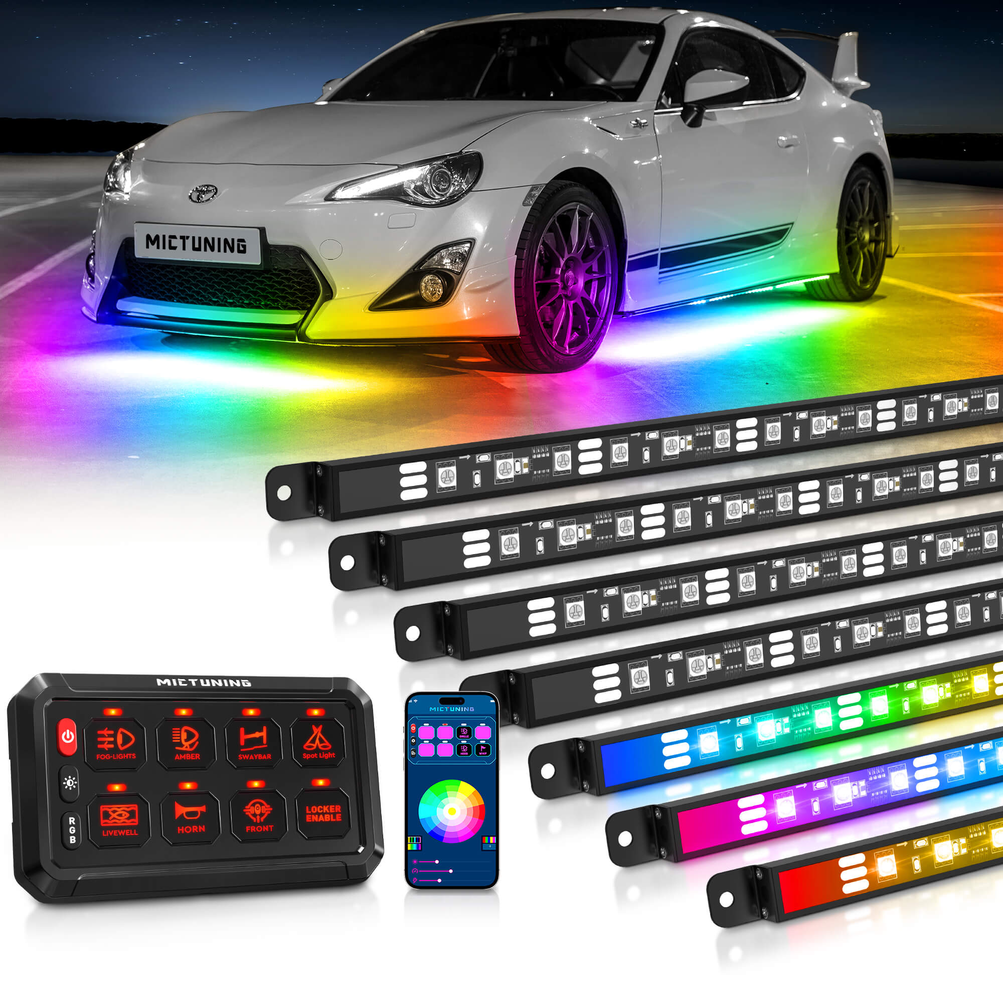 N8 RGBW/RGB+IC Car Underglow Light Kit Bundle with Bluetooth 8/12 Gang RGB Switch Panel P1s