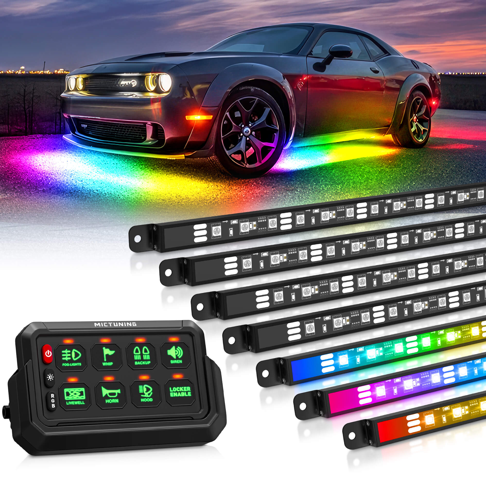 N8 RGBW/RGB+IC Car Underglow Light Kit Bundle with Wireless 8/12 Gang RGB Switch Panel P1s-AC