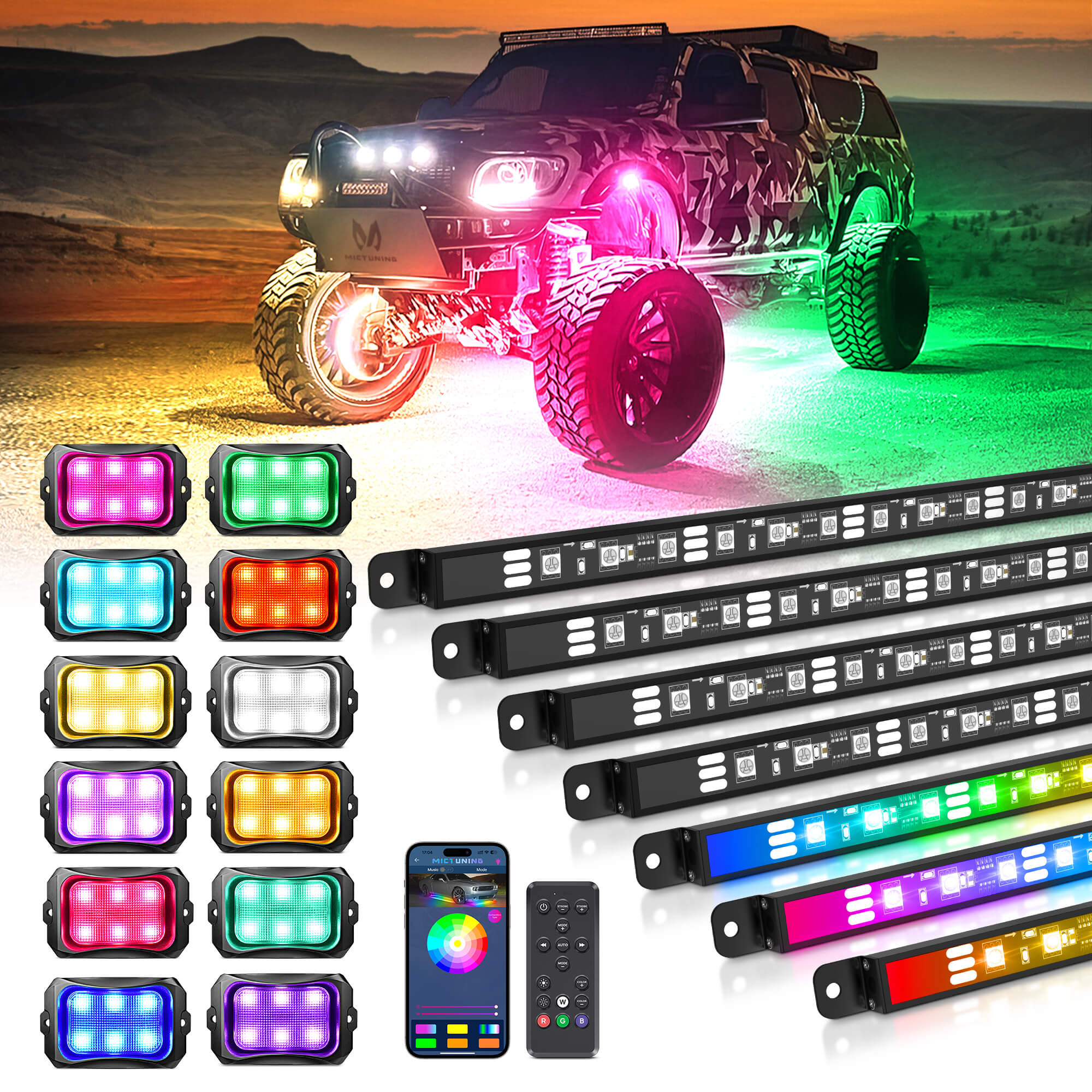 N8 RGB+IC LED Car Underglow Light Kit Bundle with C2 RGB+IC LED Rock Lights Kit 8-16 Pods