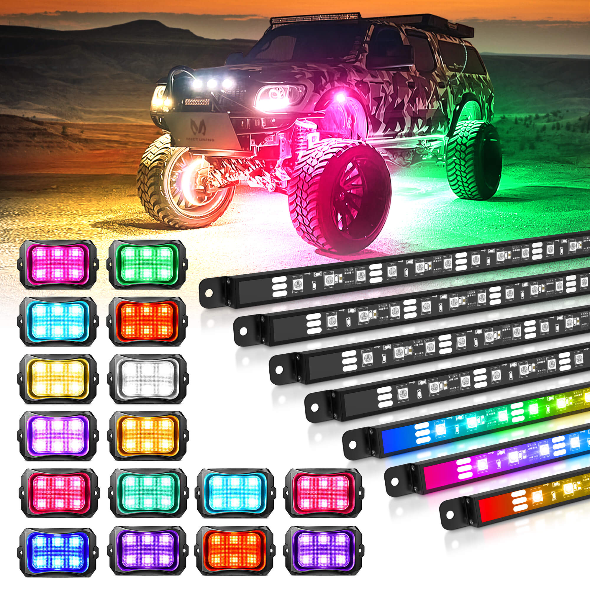 N8 RGB+IC LED Car Underglow Light Kit Bundle with C2 RGB+IC LED Rock Lights Kit 8-16 Pods