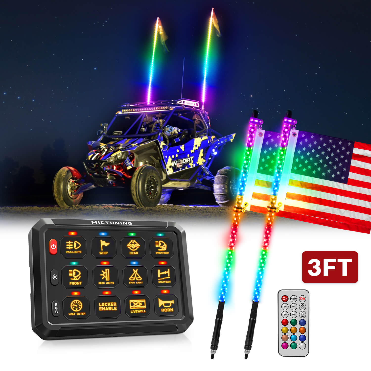 3FT/4FT LED Whip Lights Bundle with P1B RGB 5" 8/12 Gang Switch Panel