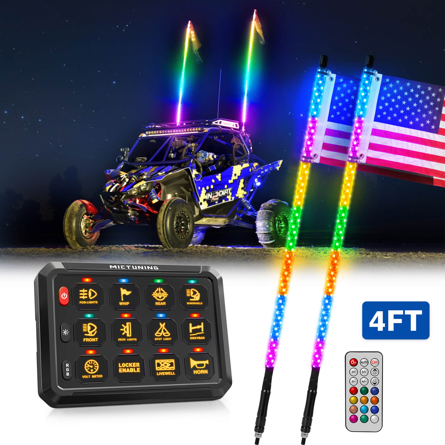 3FT/4FT LED Whip Lights Bundle with P1B RGB 5" 8/12 Gang Switch Panel