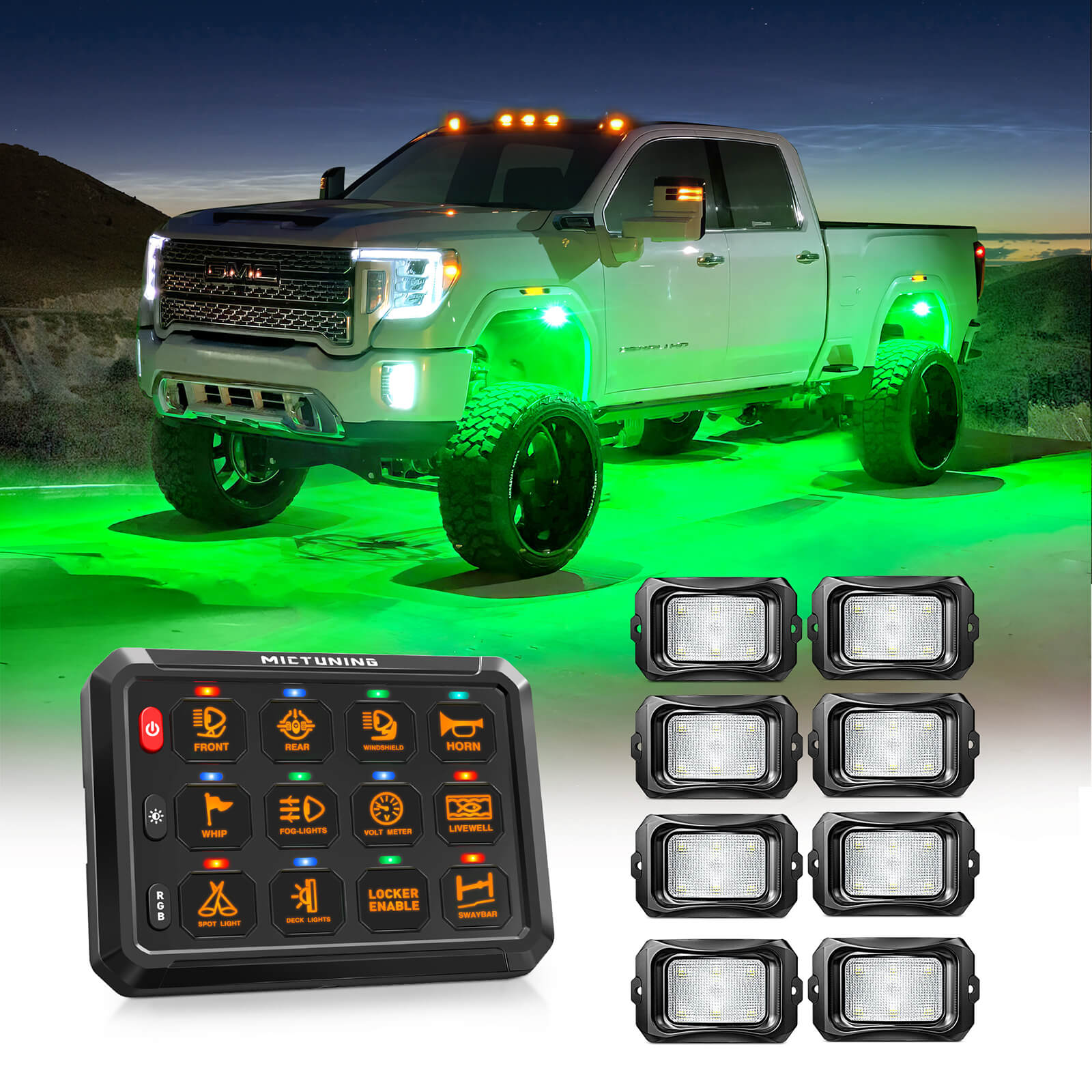 C2 RGBW LED Rock Lights Kit 8-16 Pods Bundle with P1B RGB 5" 8/12 Gang Switch Panel