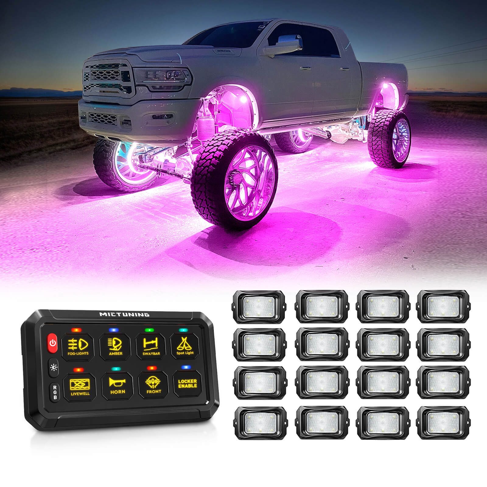 C2 RGBW LED Rock Lights Kit 8-16 Pods Bundle with P1B RGB 5" 8/12 Gang Switch Panel