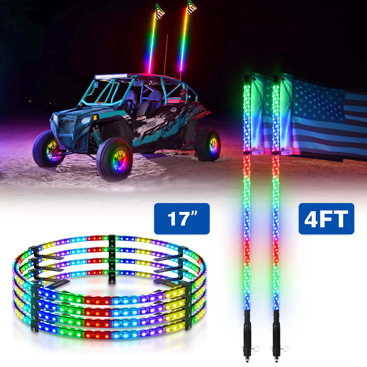 V1 RGB+IC Chasing Color Wheel Ring Lights Kit Bundle with W1 3FT/4FT Whip Lights with Flag 2pcs