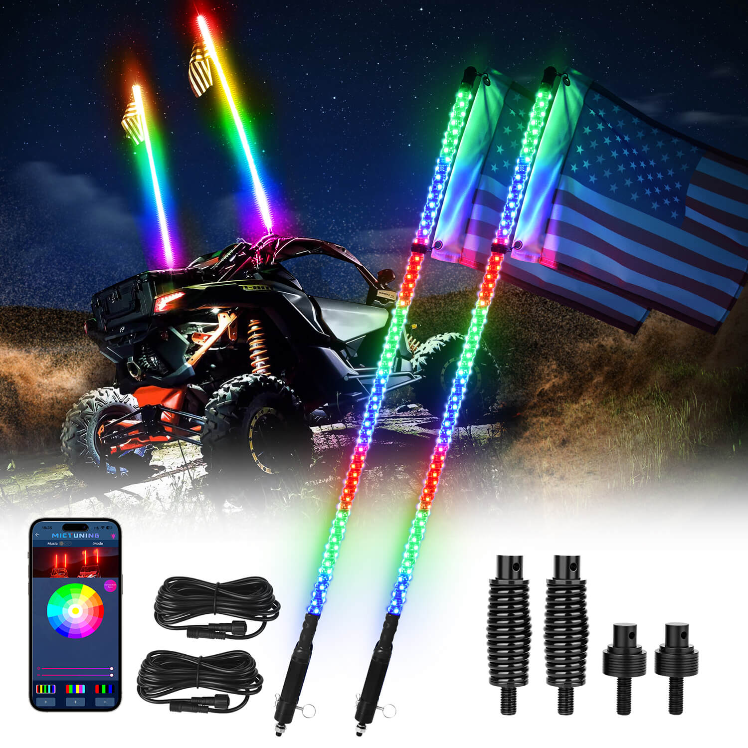 3FT/4FT W1 LED Whip Lights with Flag 2pcs - Spiral Bendable RGB Chasing Color Antenna Whips - Bluetooth App Control