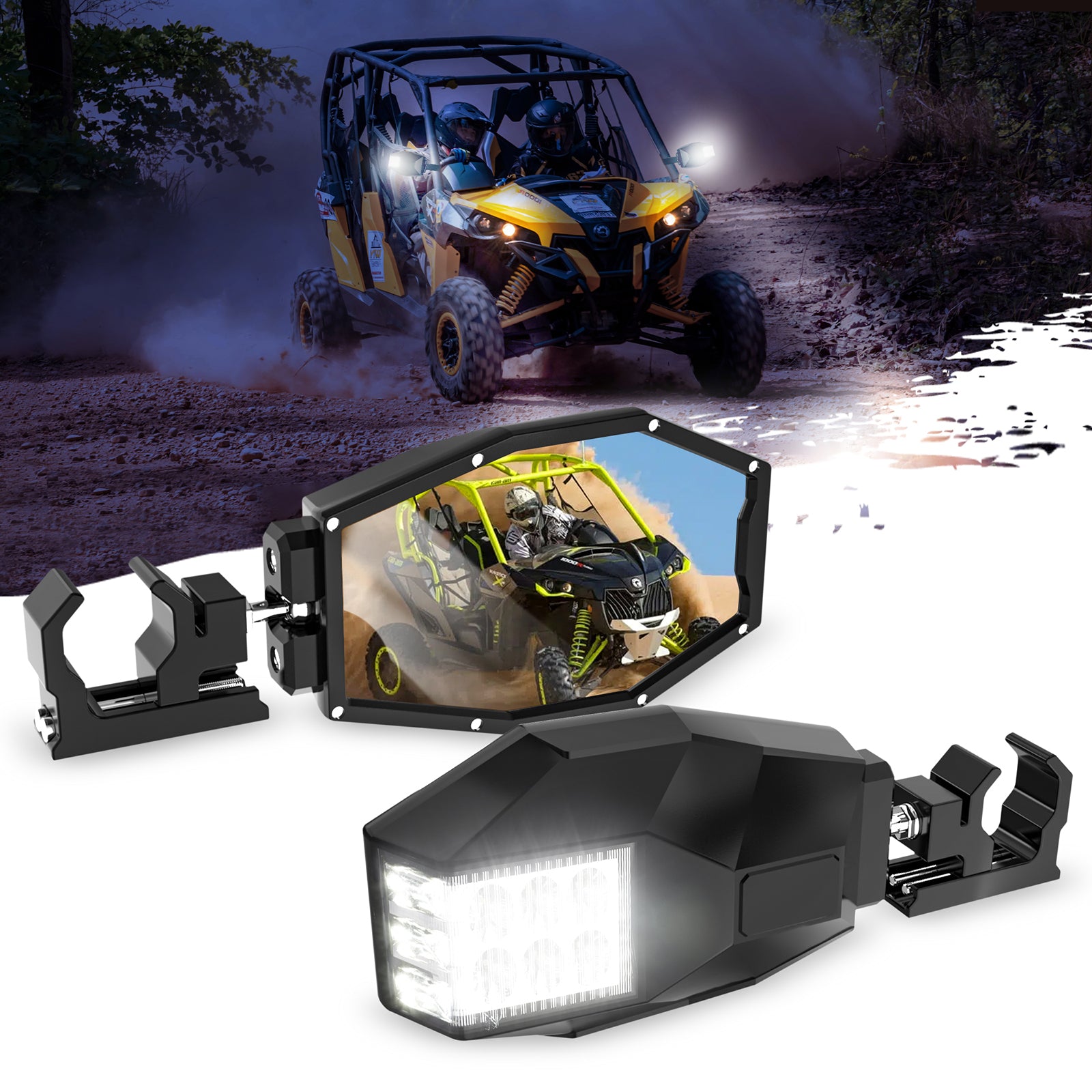 UTV RZR Side Rear View Mirrors with LED Lights 45W, Fits All 1-2 Inch Roll Bar Cage