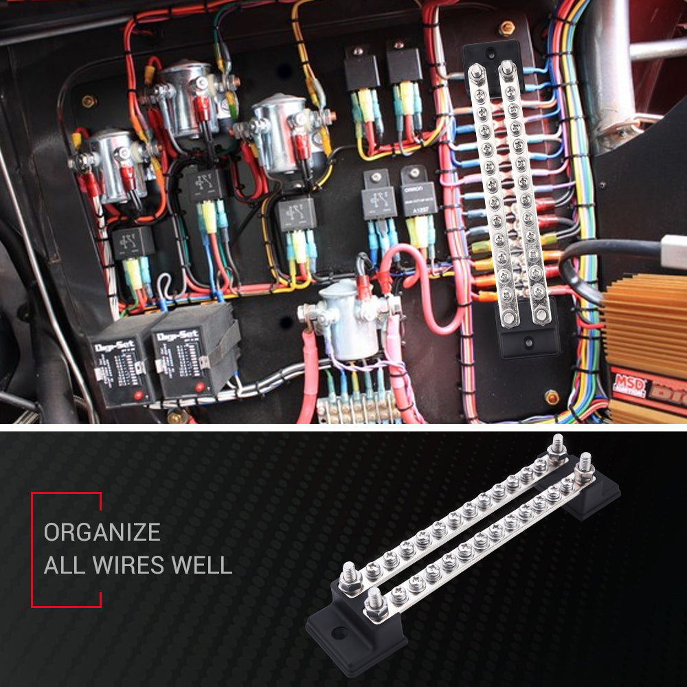 24 Terminal Dual Row 150A Bus Bar & Cover | Ground Distribution Block - Car Boat Marine Power Distribution Terminal Block