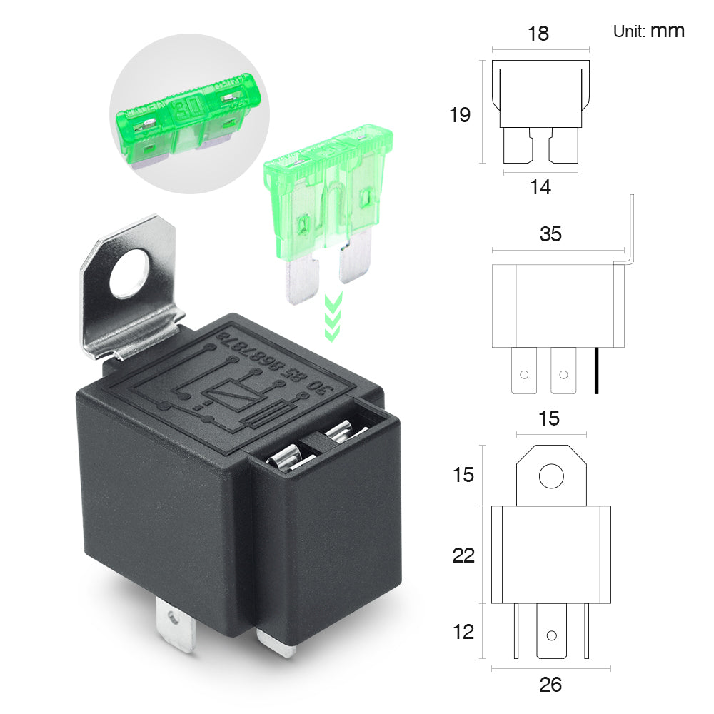 12V Fuse Relay Switch Harness Set - 30A ATO/ATC Blade Fuse, 4-Pin SPST Automotive Electrical Relays with Heavy Duty 14 AWG Wires - 6 Pack