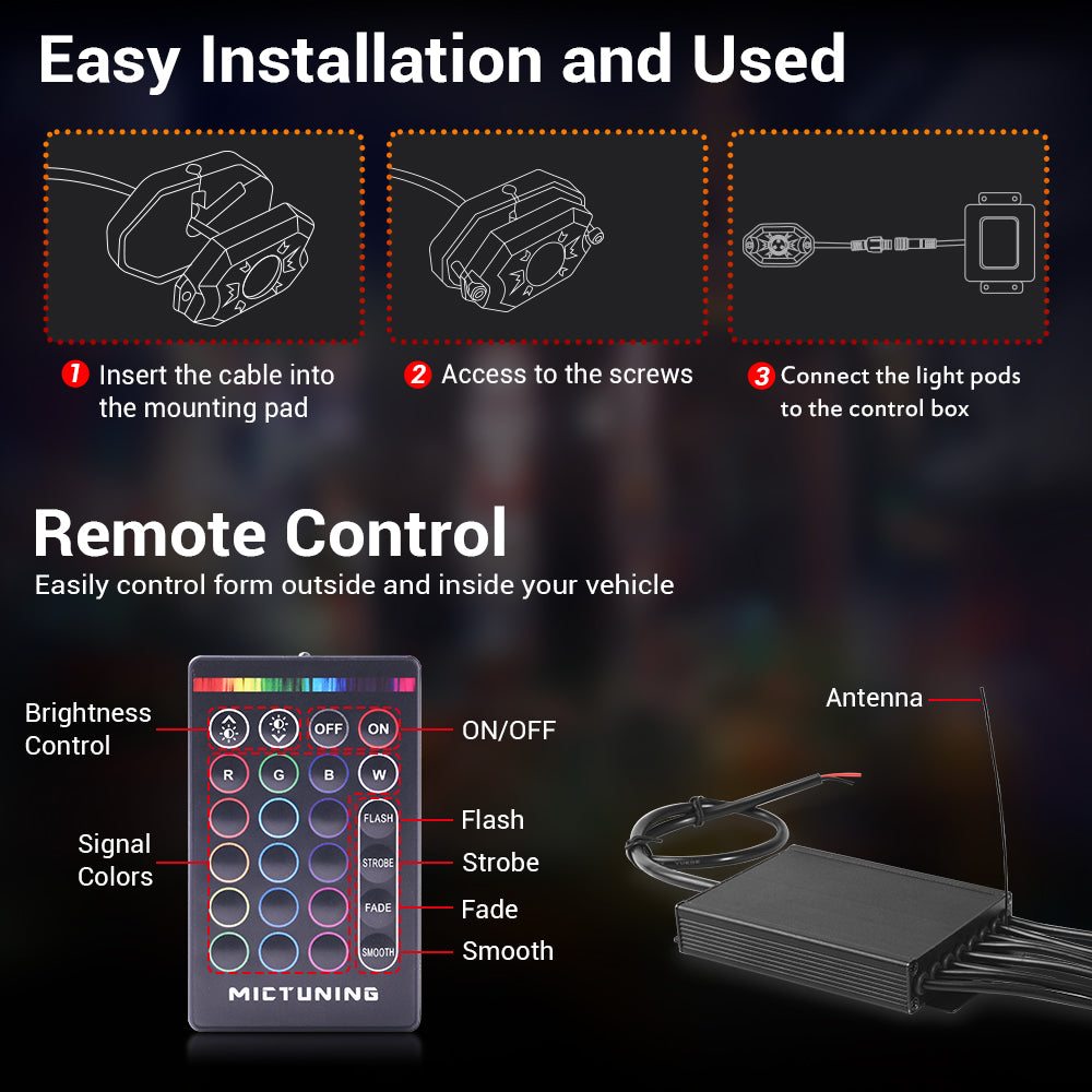 RGB Rock Lights with RF Remote Control Multicolor Neon Underglow LED Lighting Kit