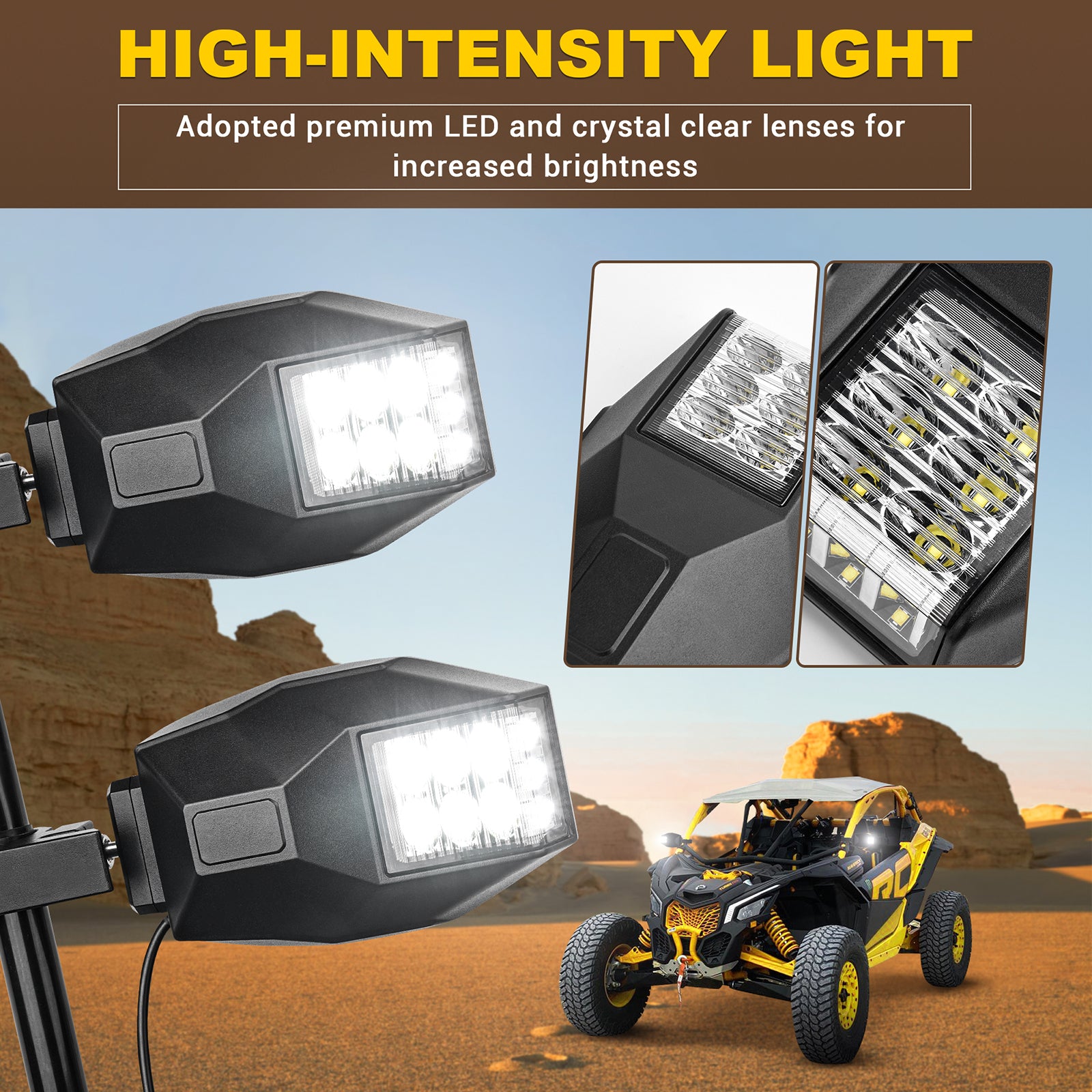 UTV RZR Side Rear View Mirrors with LED Lights 45W, Fits All 1-2 Inch Roll Bar Cage