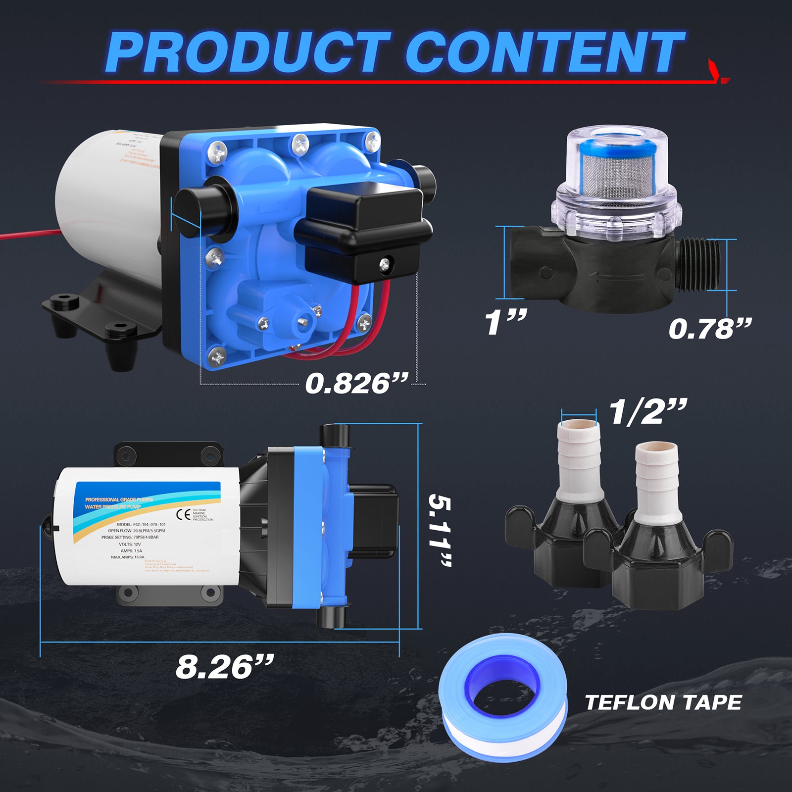 12V RV Water Diaphragm Pump, 5.5GPM 70PSI On Demand Self-priming Fresh Water Pressure Pump with Pressure Switch for RV Camper Garden Sprinkler Faucet