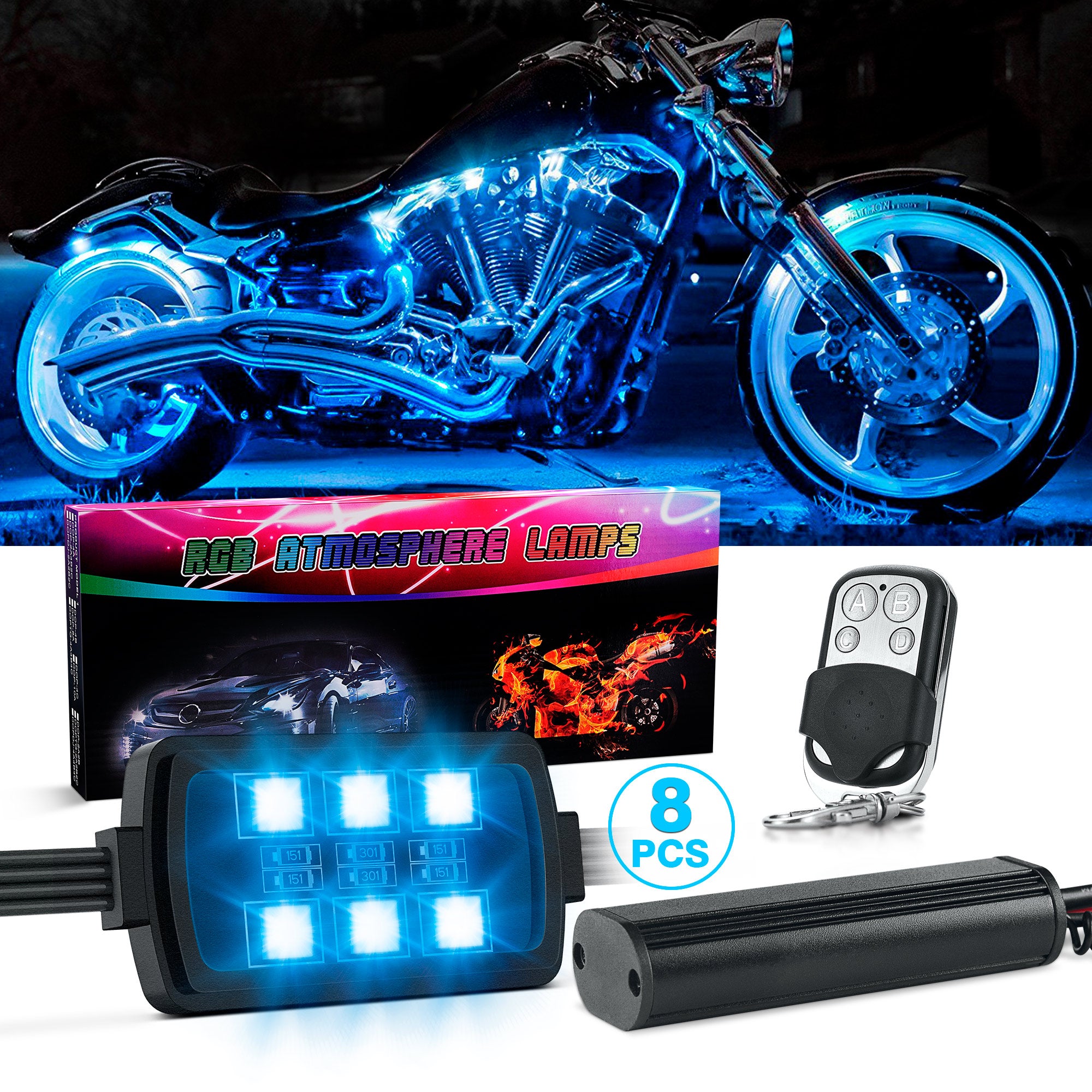 8pcs Motorcycle RGB LED Strip Lights Kit with Brake Light Function - Multi-Color Underglow LED Accent Glow Neon Lights Waterproof