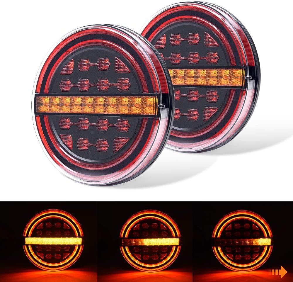 2Pcs Round Red/Amber Submersible LED Trailer Tail Lights Kit Brake Light/DRL/Flow Turn Signal Lamp for Under 80''